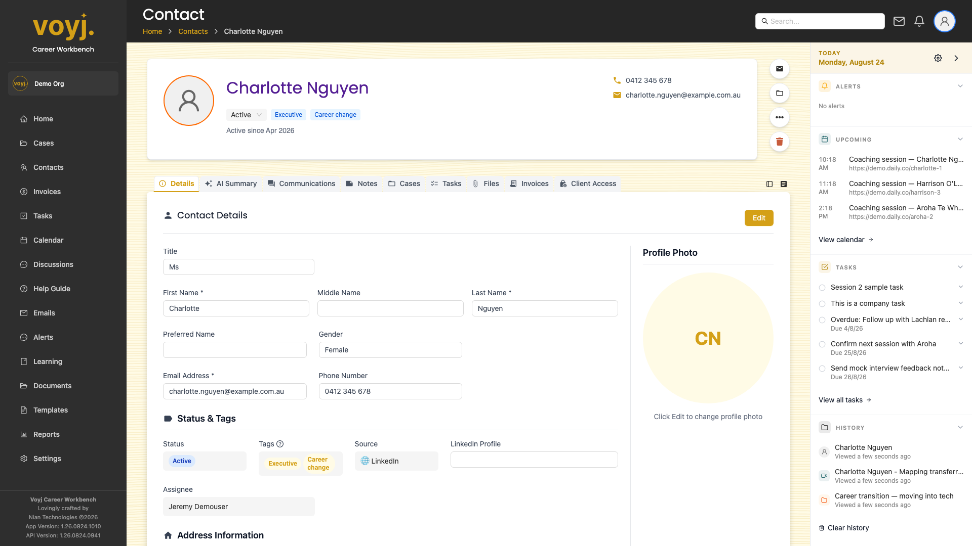 Details tab on a contact record showing personal details, address and pipeline stage.