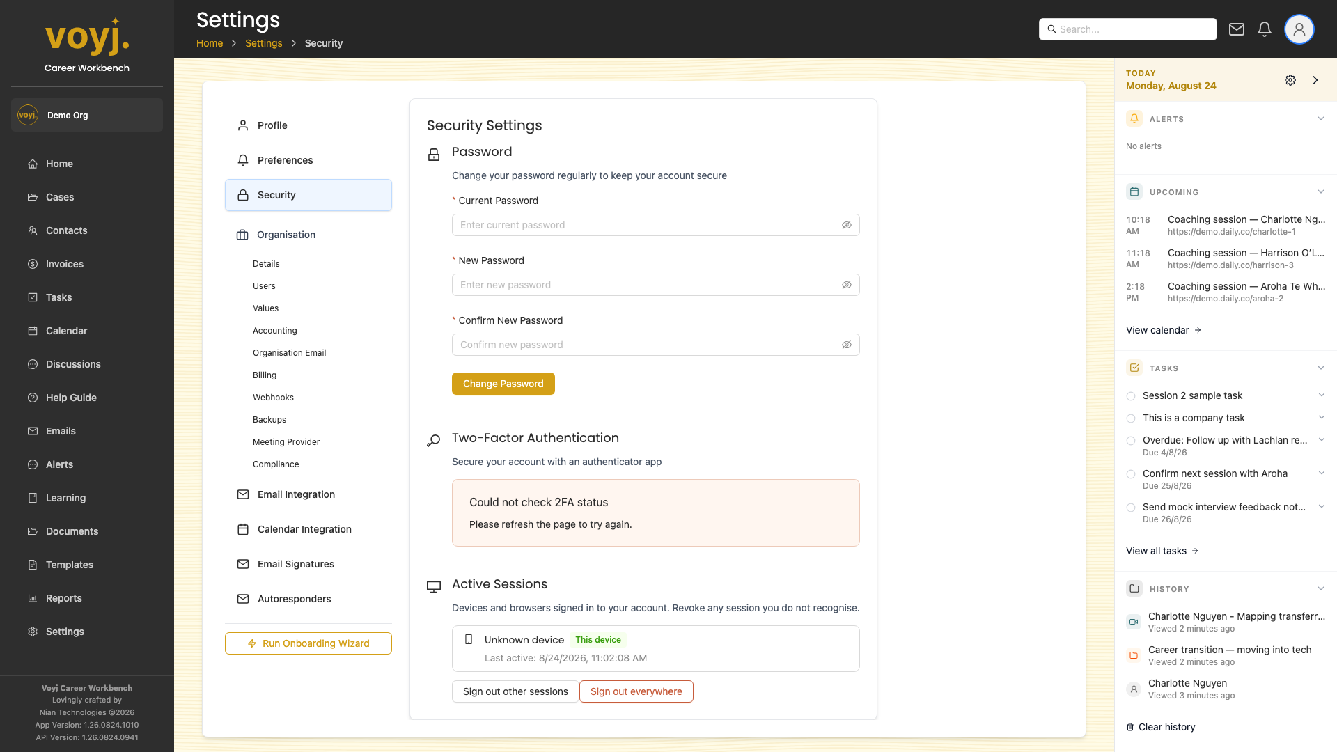 Voyj Security settings with change password, MFA setup and active sessions panels.