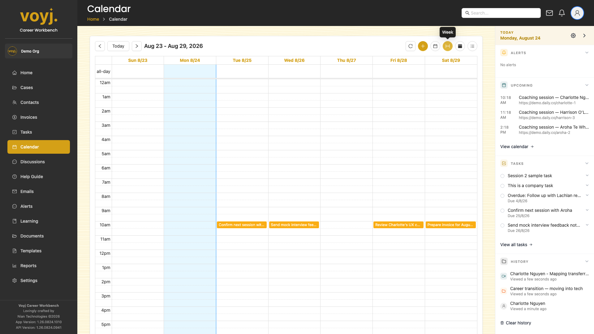 Voyj Calendar day view showing every event for a single day as a vertical timeline.