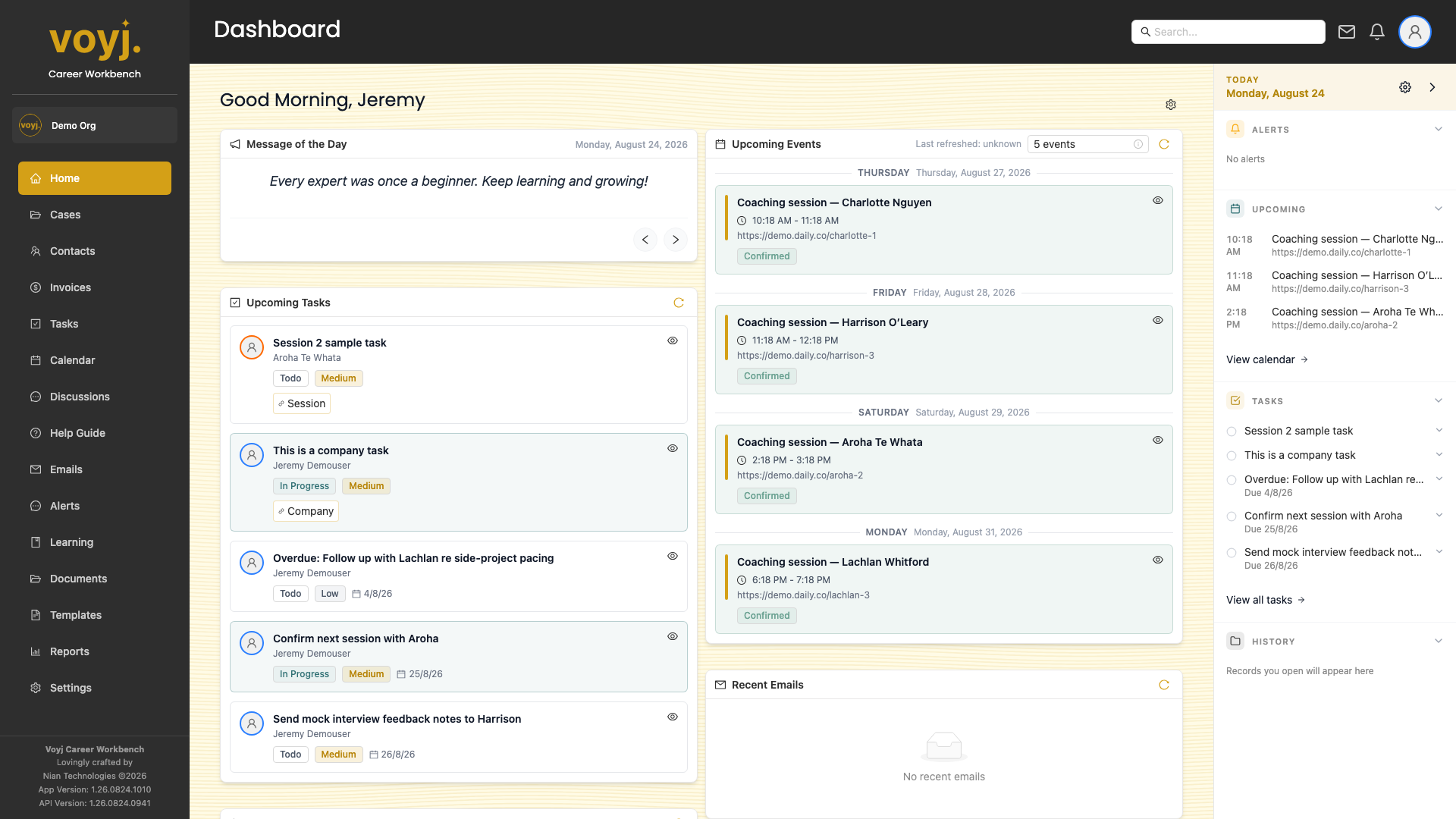 Voyj dashboard with the message of the day, upcoming tasks, recently added contacts, upcoming events, recent emails, and alerts cards.