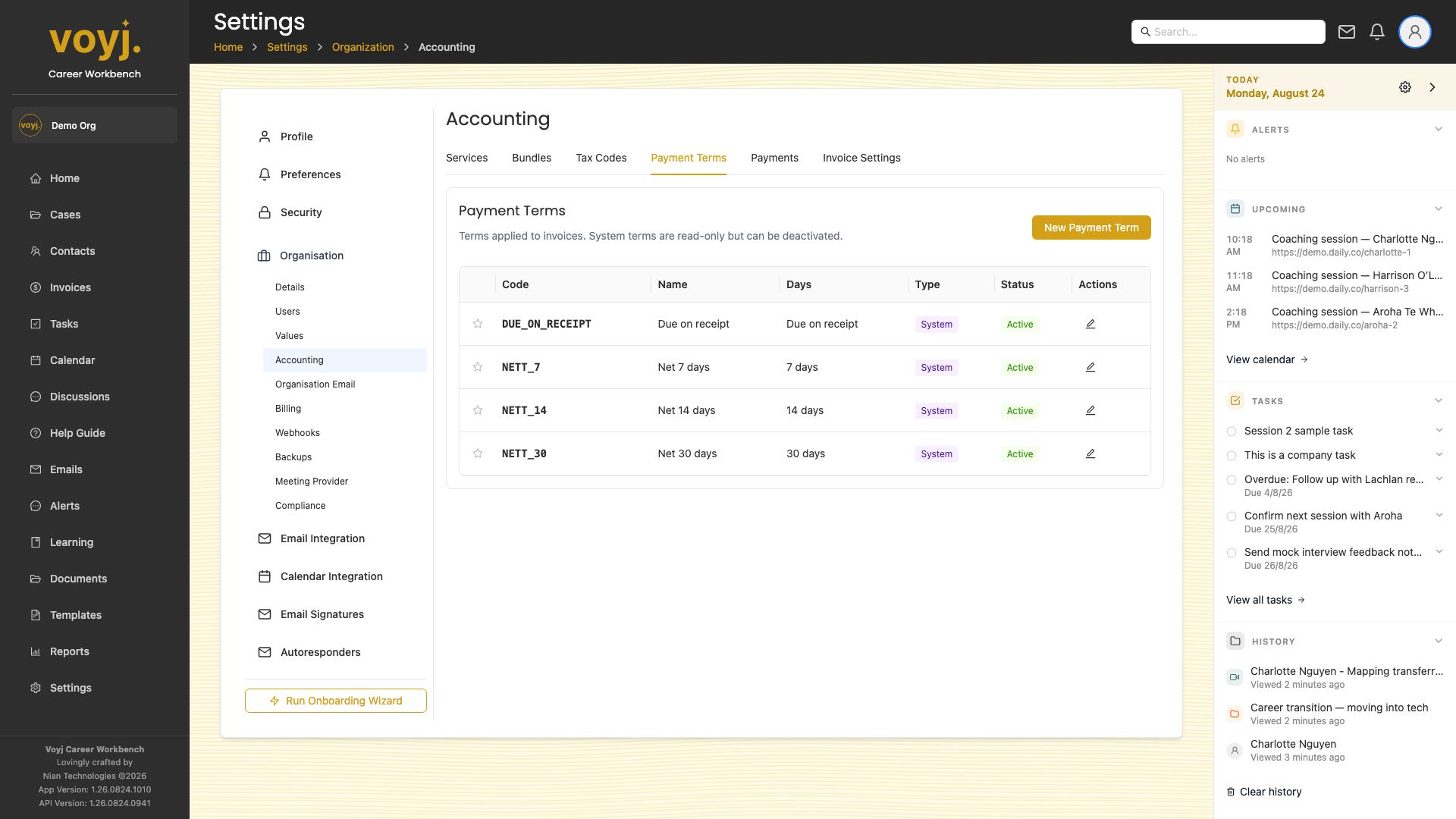 Voyj Accounting payment terms tab with Due on receipt, Net 7, Net 14 and Net 30 rows.
