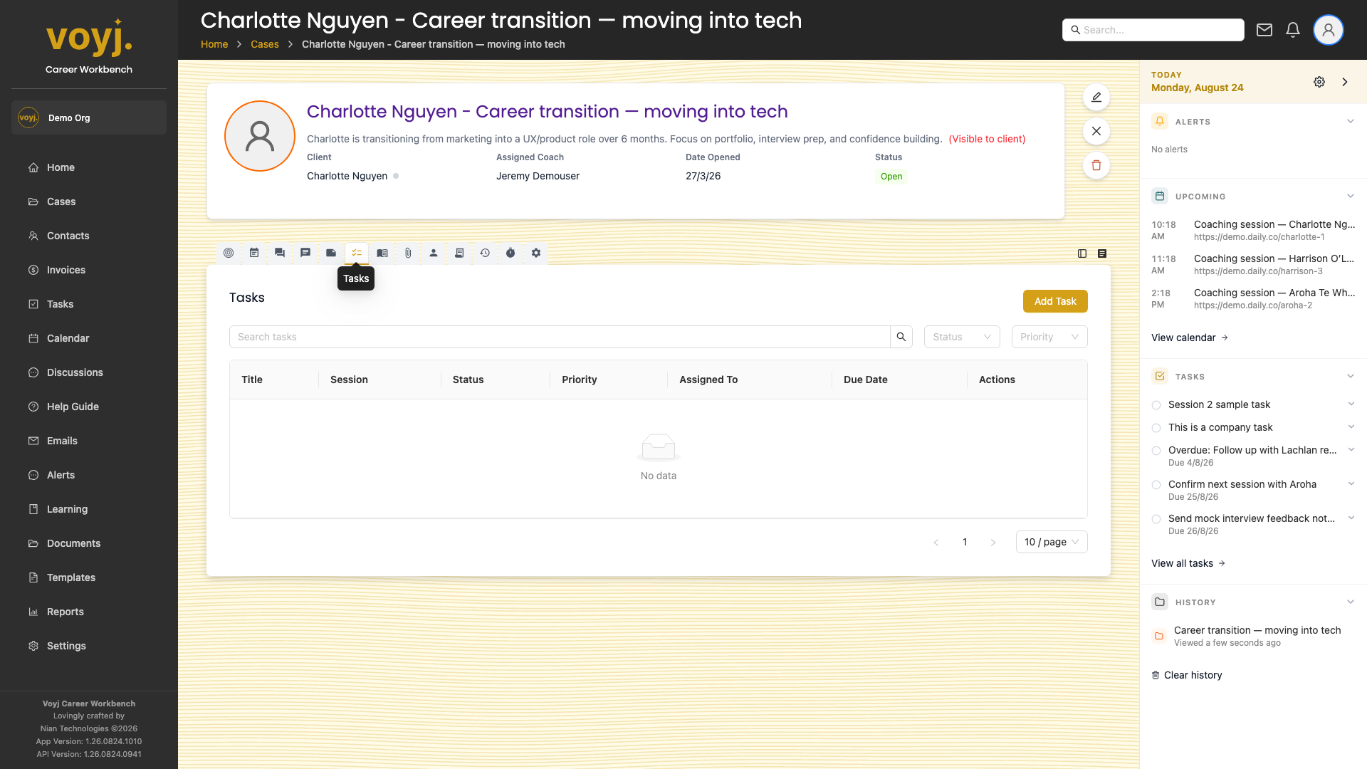 Tasks tab inside a case showing to-dos with status, priority and assignee.