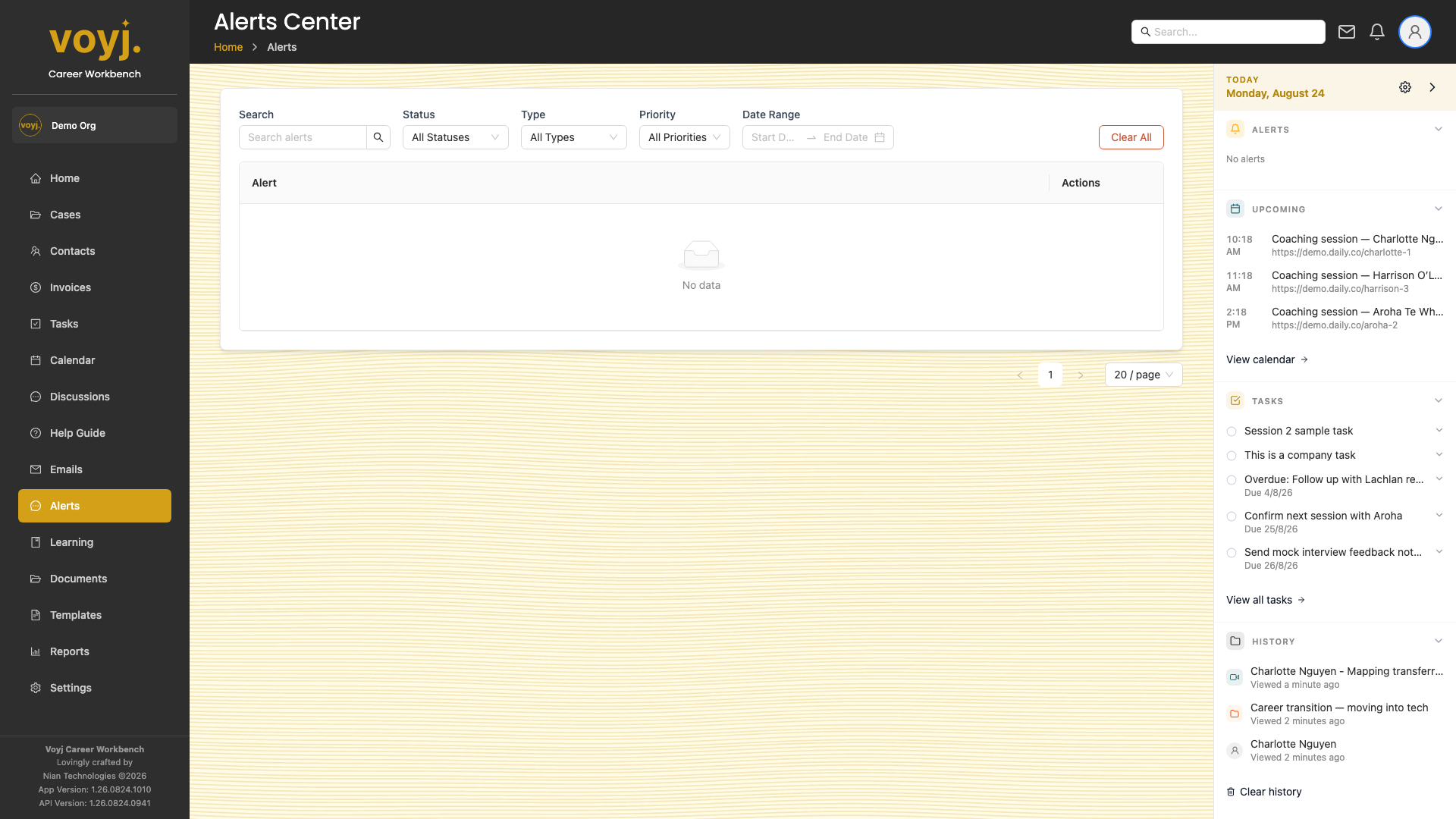 Voyj Alerts centre showing a list of unread notifications with priority icons and timestamps.