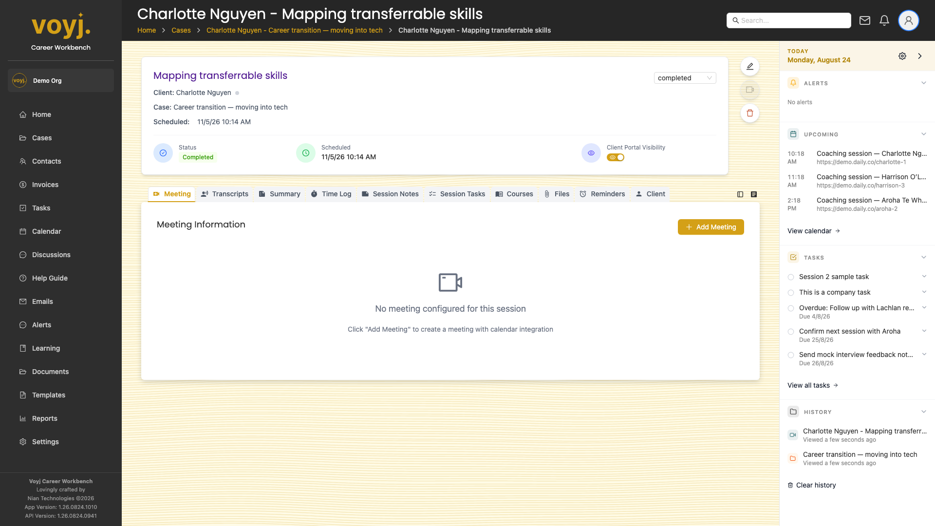 Meeting tab on a session showing the meeting area with a join button and a venue.