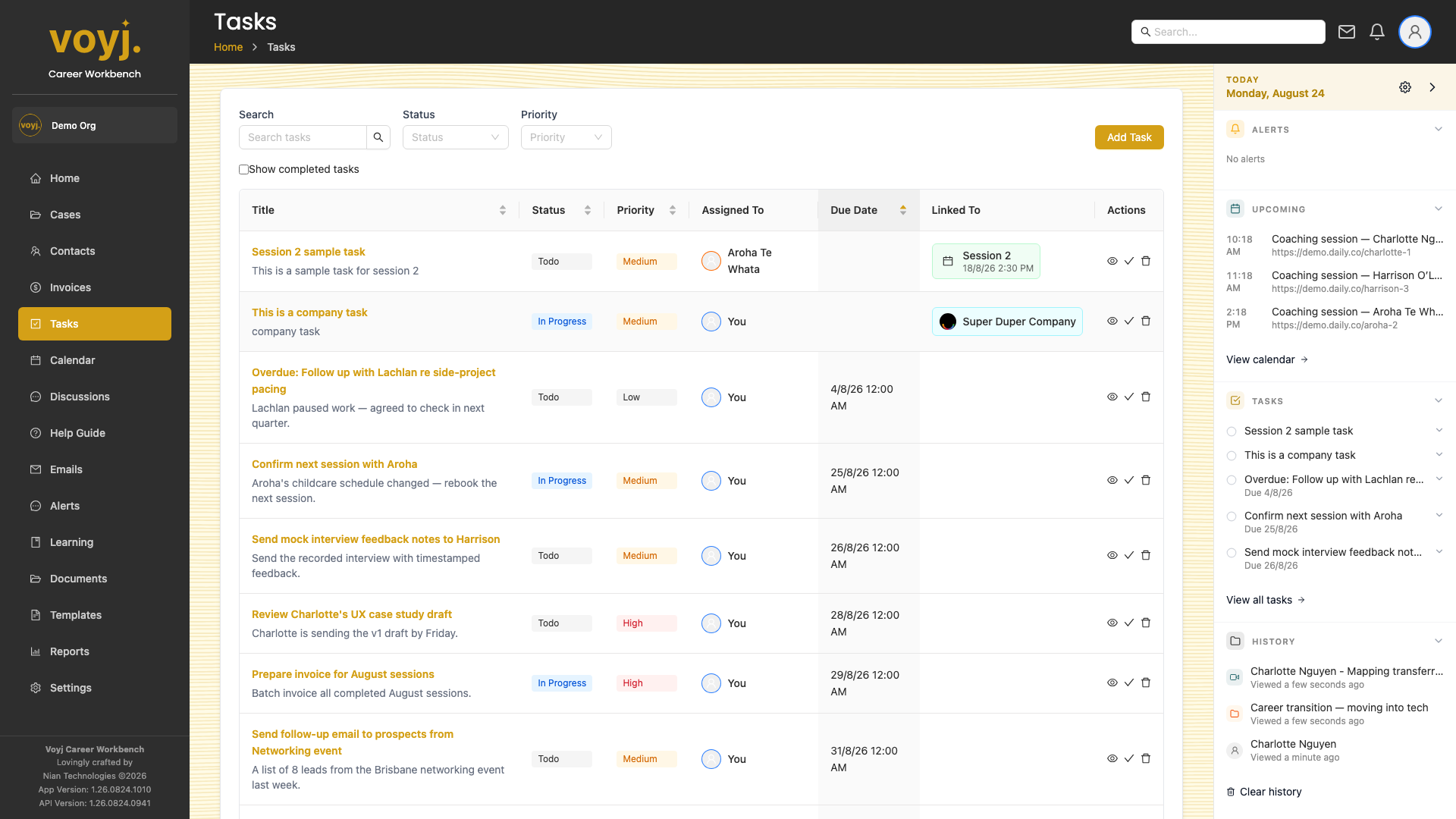 Voyj Tasks list with status filter chips, search box and overdue tasks at the top.