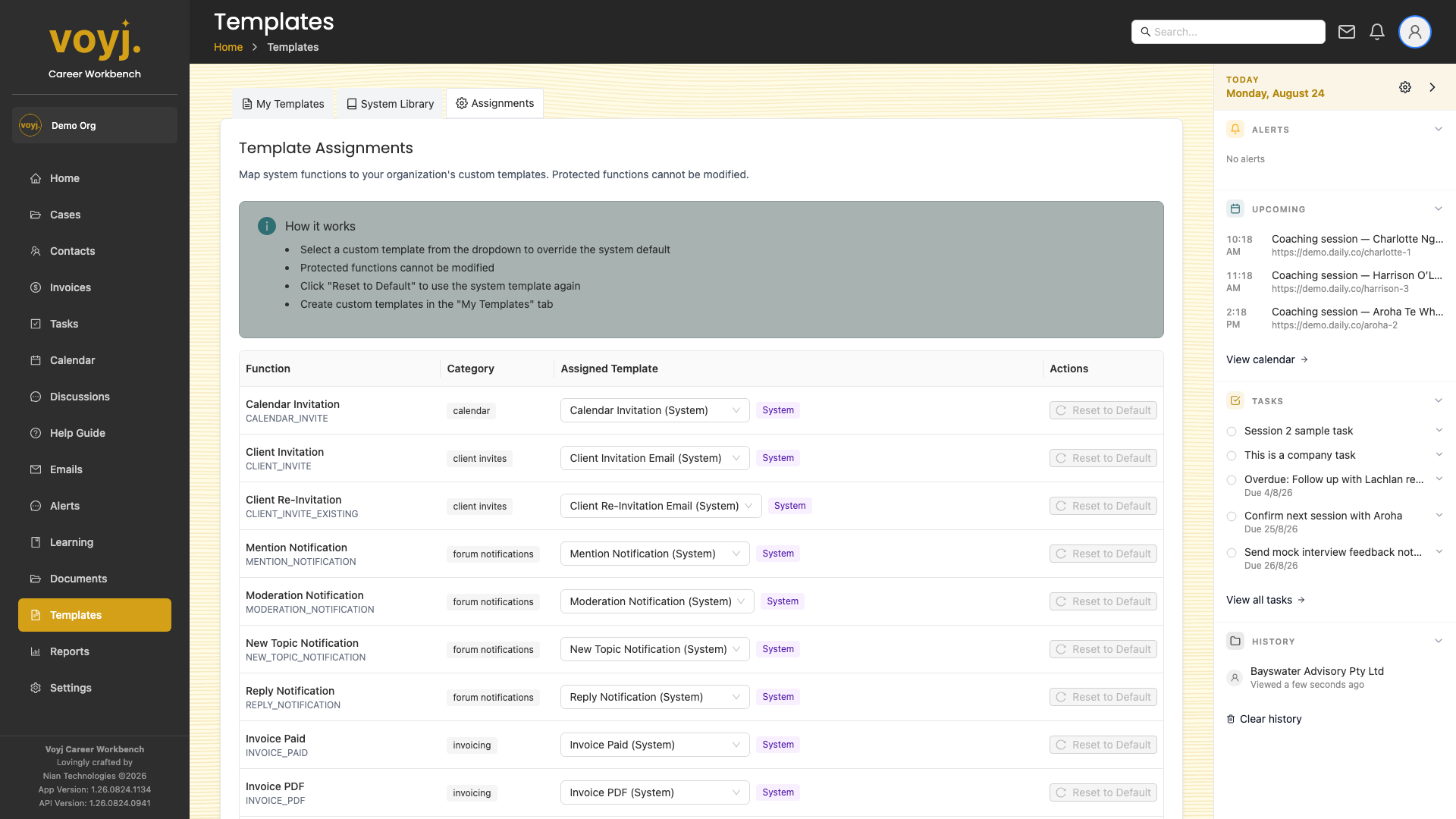 Assignments tab listing the triggers and case types that use each template.
