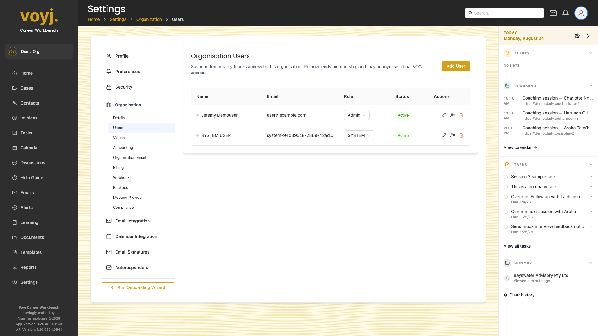 Settings Users page with the organisation members table.