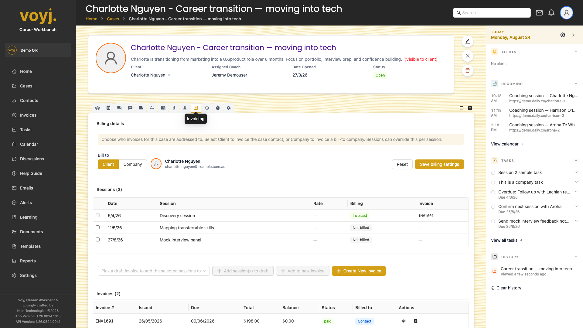 Invoicing tab inside a case showing draft and finalised invoices linked to the case.