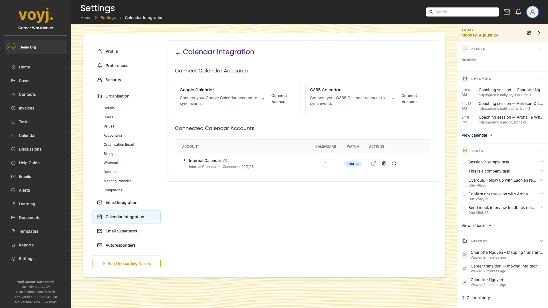 Voyj Calendar integration page listing connected Google and internal calendars.