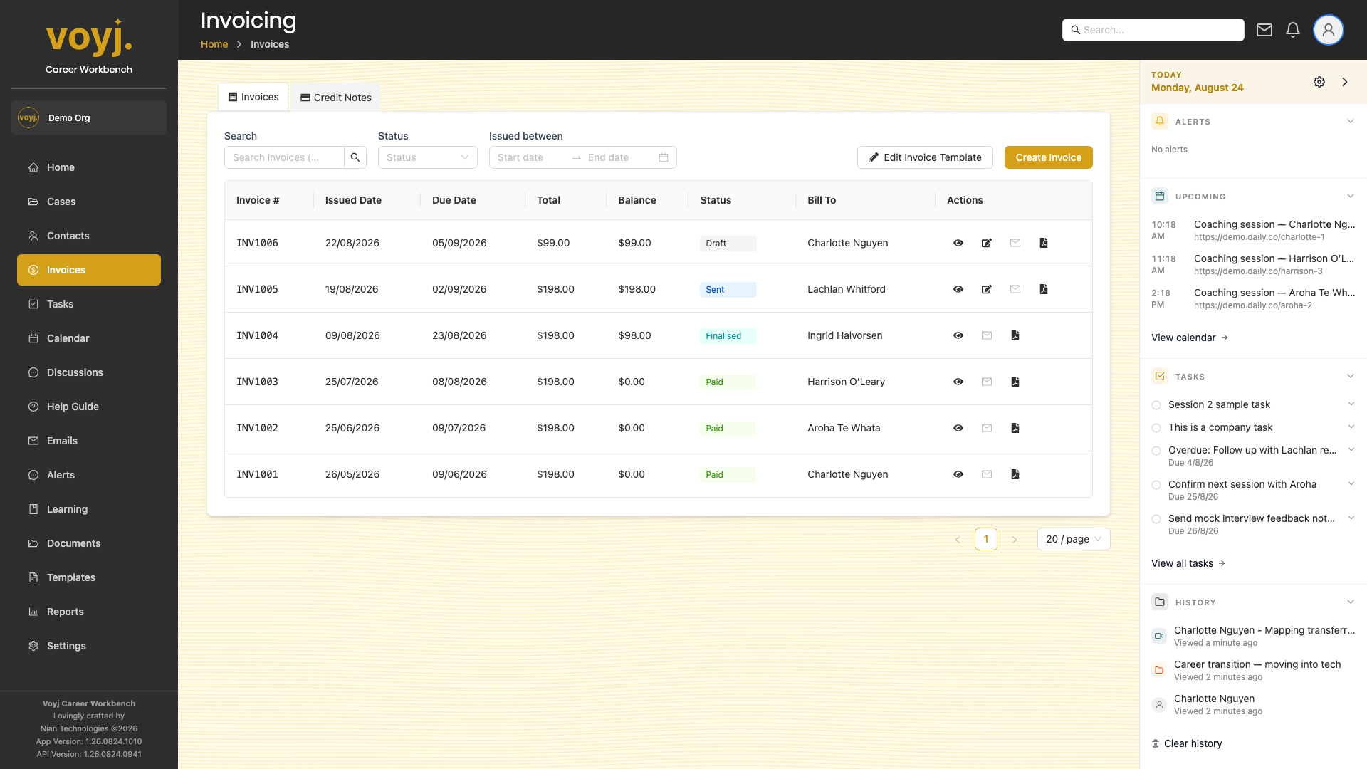 Voyj Invoices list with status chips and a table of invoices.