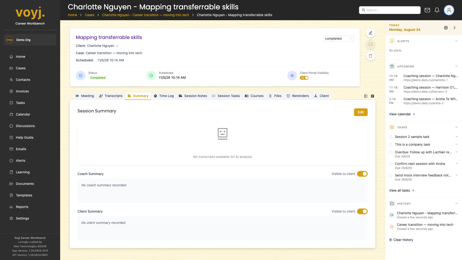 Summary tab on a session with a coach summary and a client summary side by side.