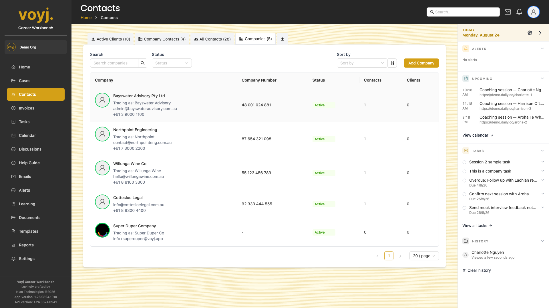 Companies list showing AU companies with contact counts, ABN fields and status.