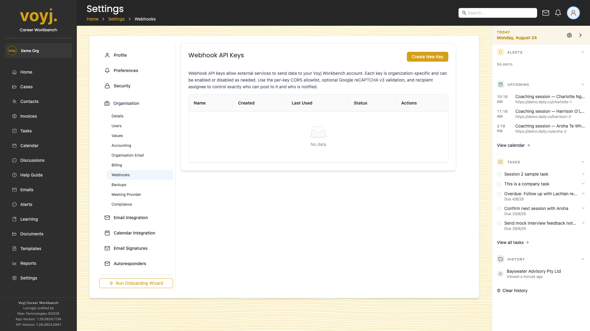 Settings Webhooks page listing outbound webhook subscriptions.