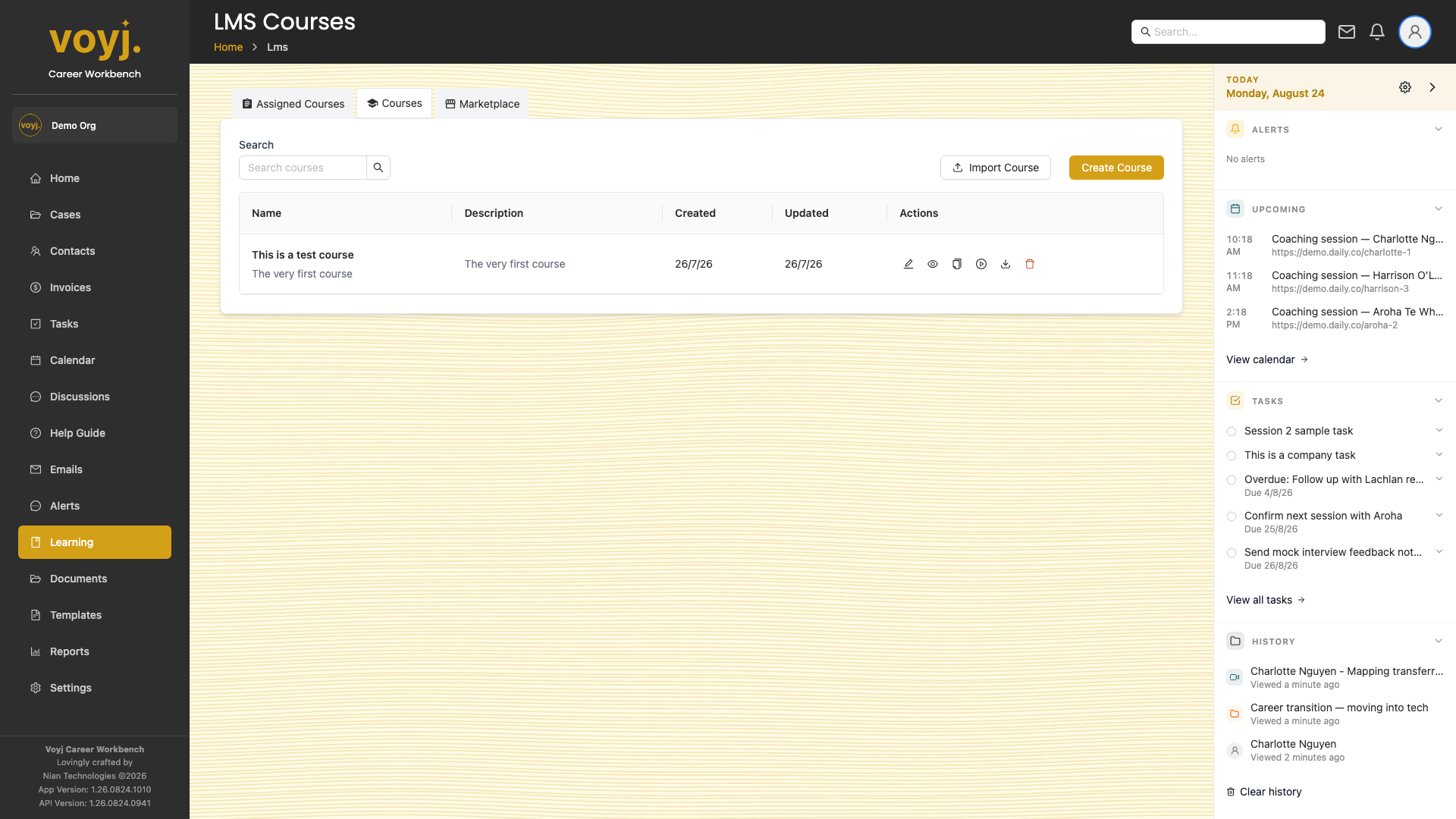 Voyj Learning marketplace tab showing available system courses with thumbnails.