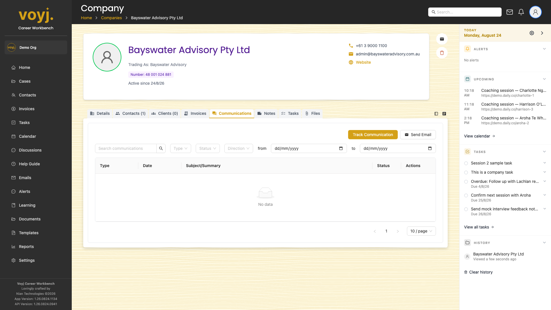 Company Communications tab showing emails, calls and texts involving the company.