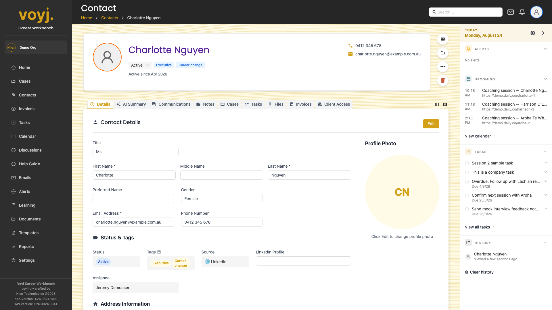 Contact detail page for an individual contact showing header details and tabbed content.