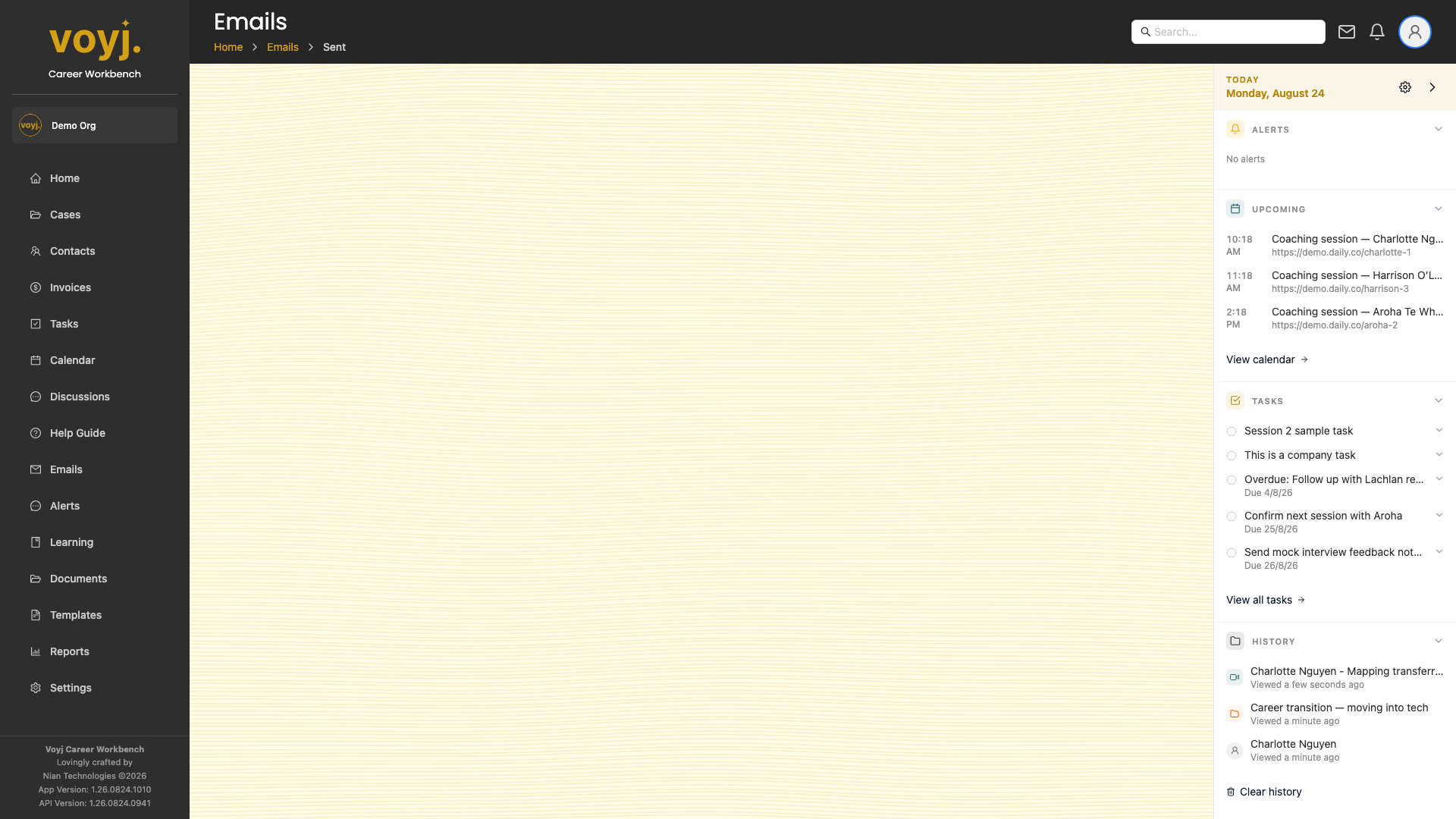 Sent folder showing outbound emails with recipients, subject and delivery status.
