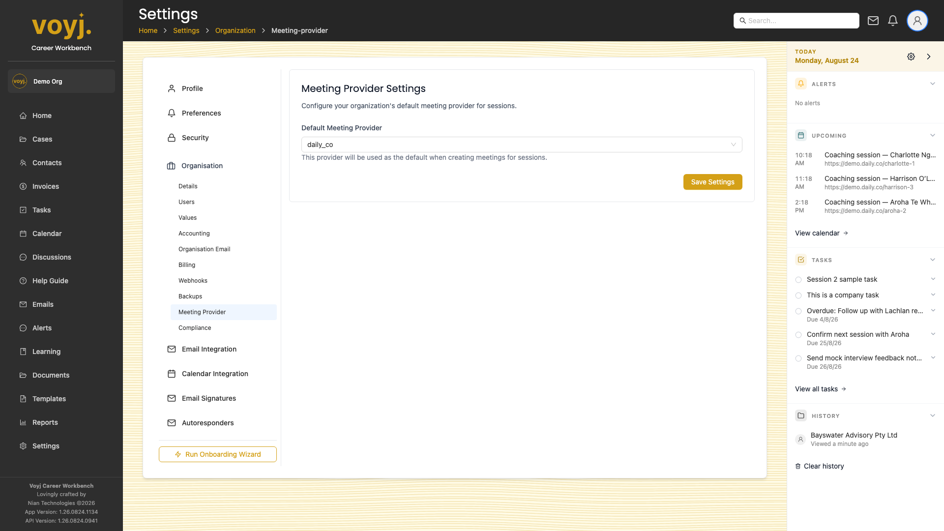 Settings Meeting Provider page with provider and credentials fields.