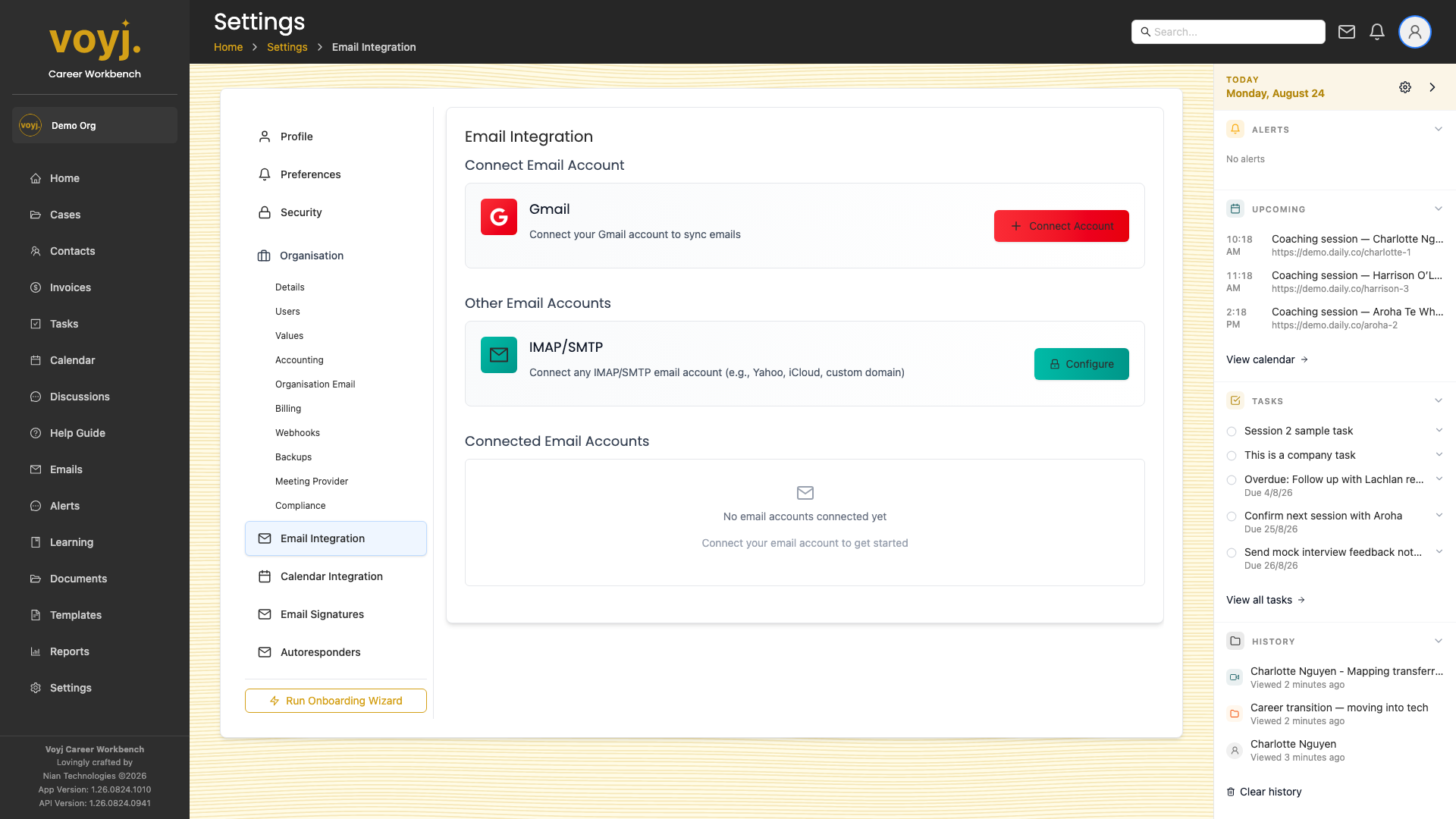 Voyj Email integration settings with provider picker and sync options.