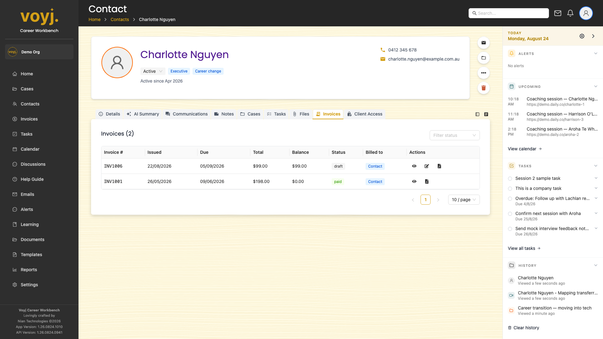 Invoices tab on a contact record showing invoice history and status.