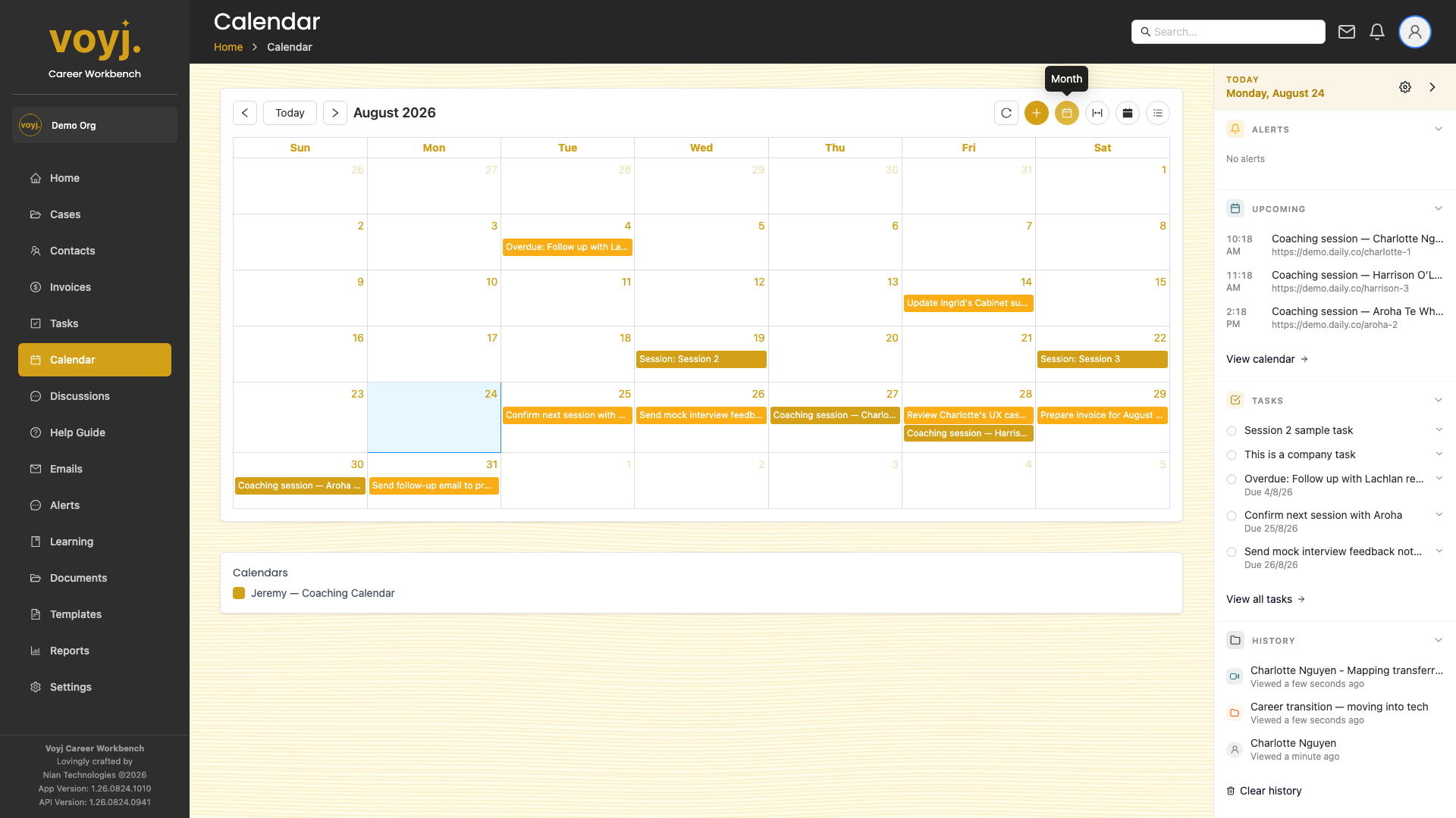 Voyj Calendar month view showing the whole month of events.