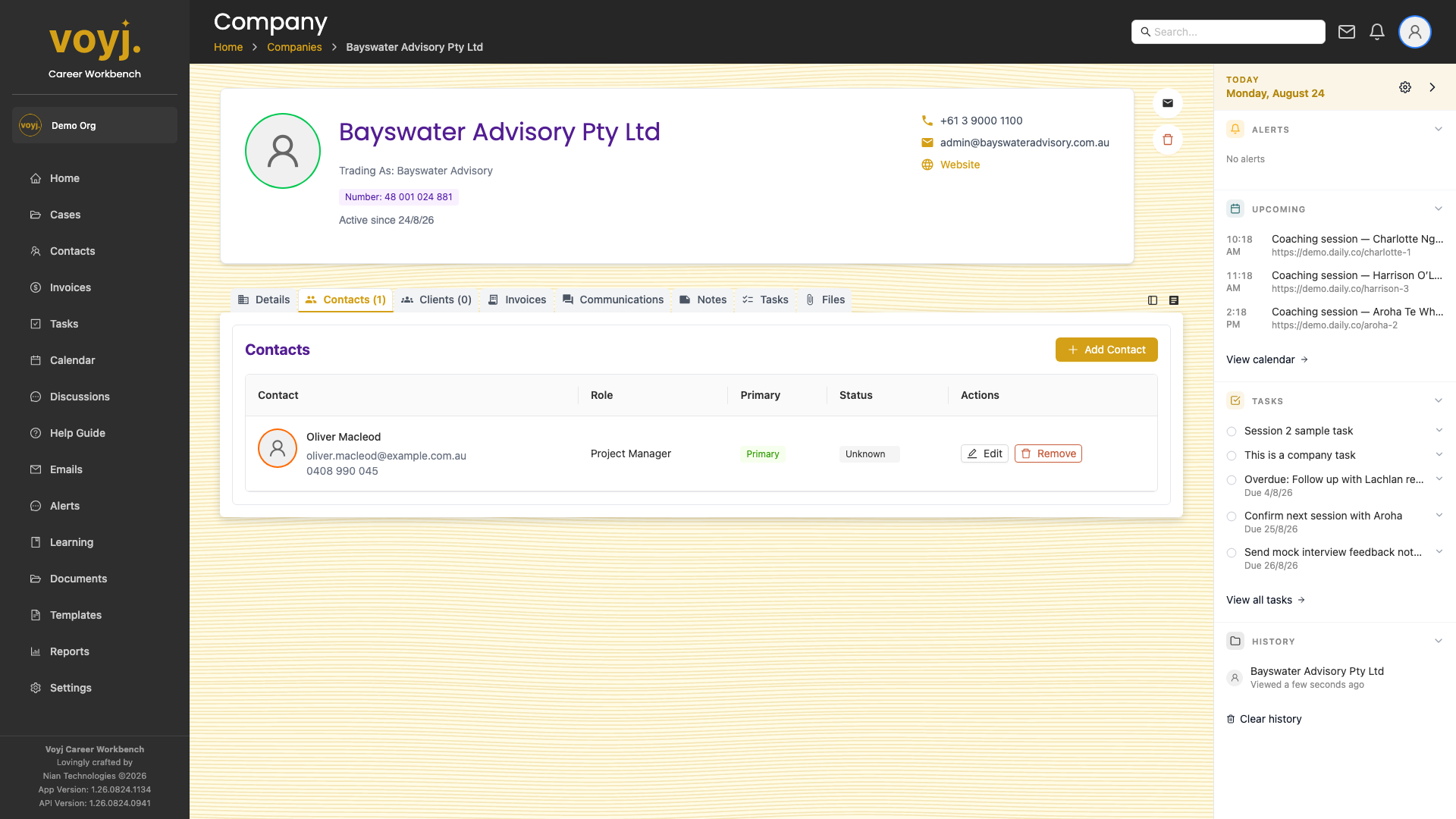 Company Contacts tab showing individuals linked to the company.