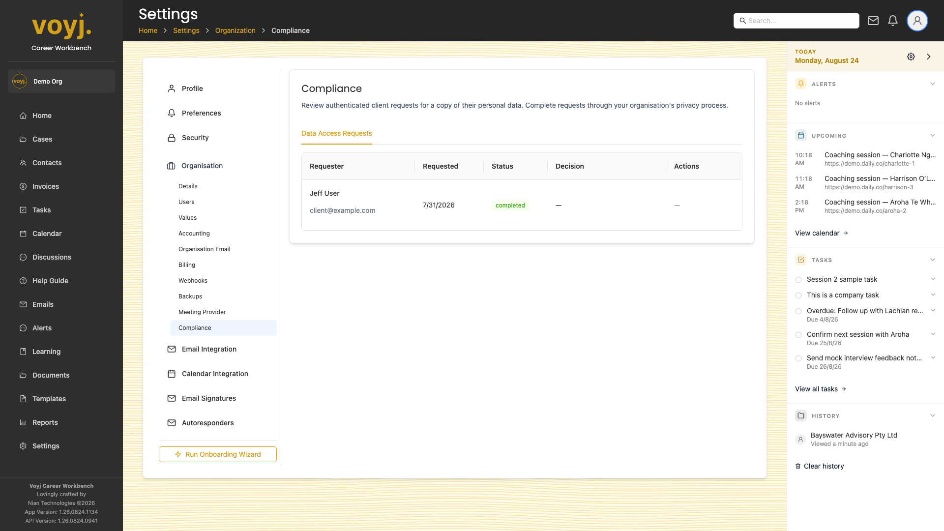 Settings Compliance page with privacy and data-retention settings.