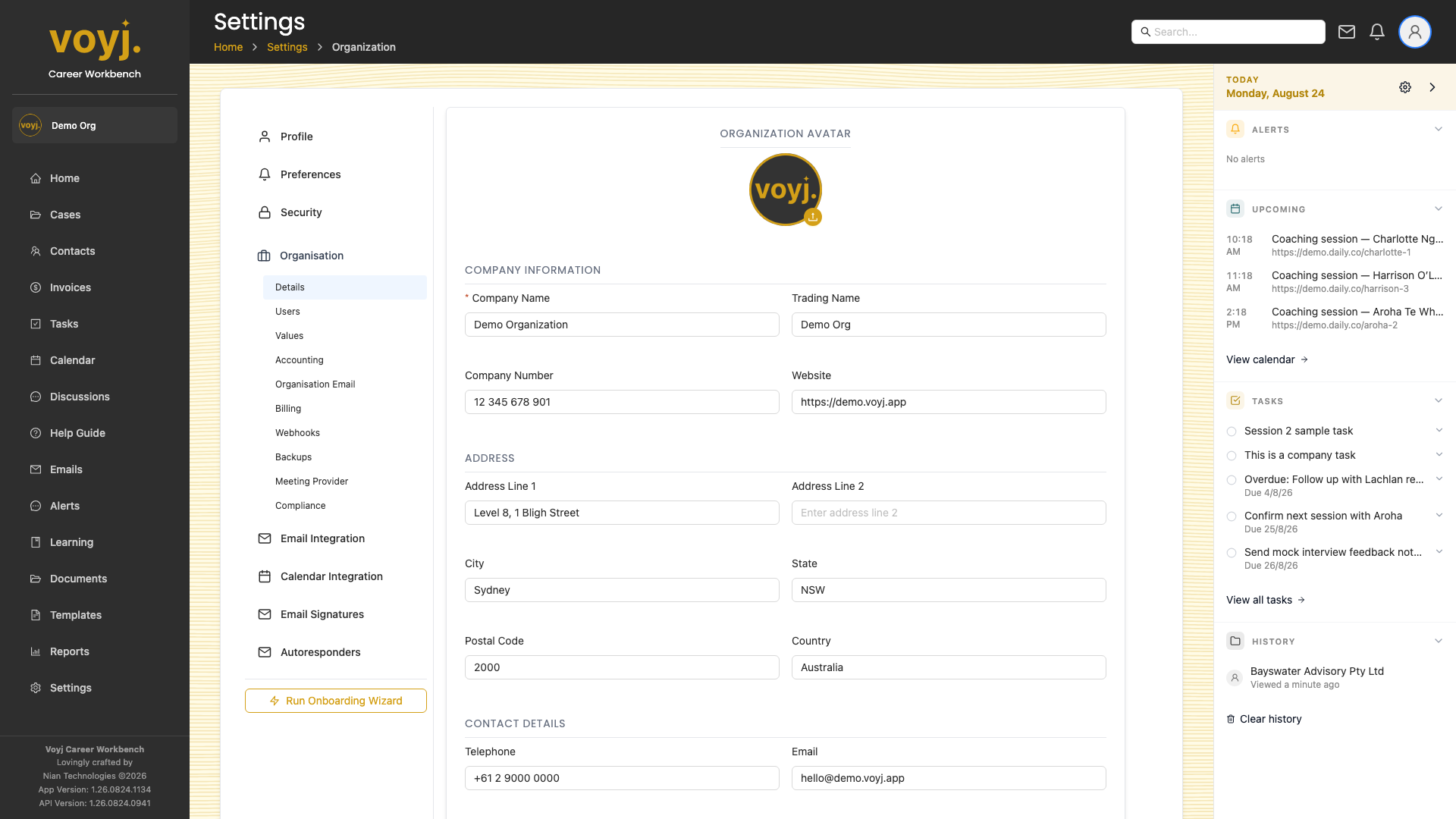 Settings Organisation Details page with country, currency and locale fields.