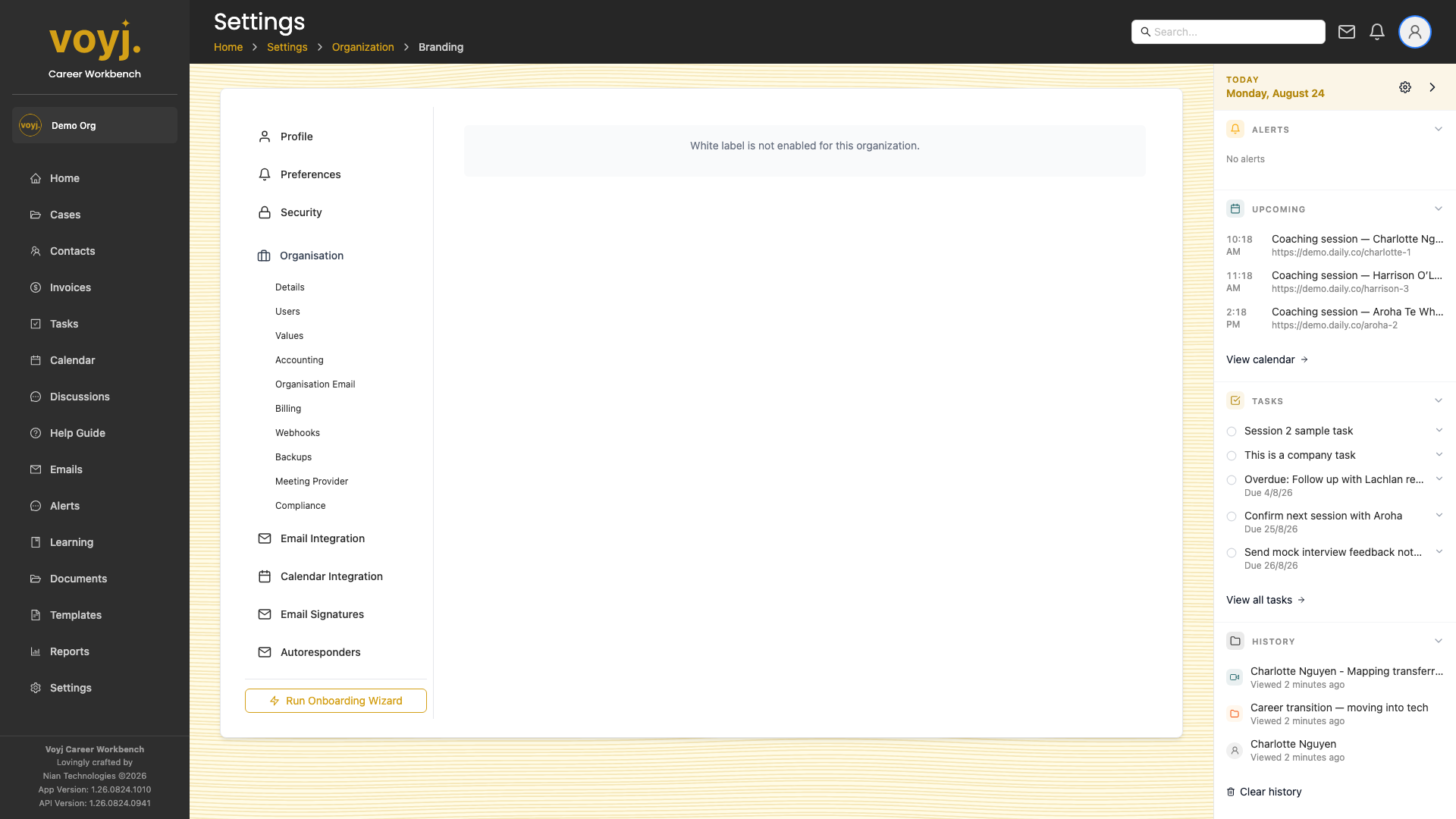 Voyj Branding settings showing logo upload slots and colour theme picker.