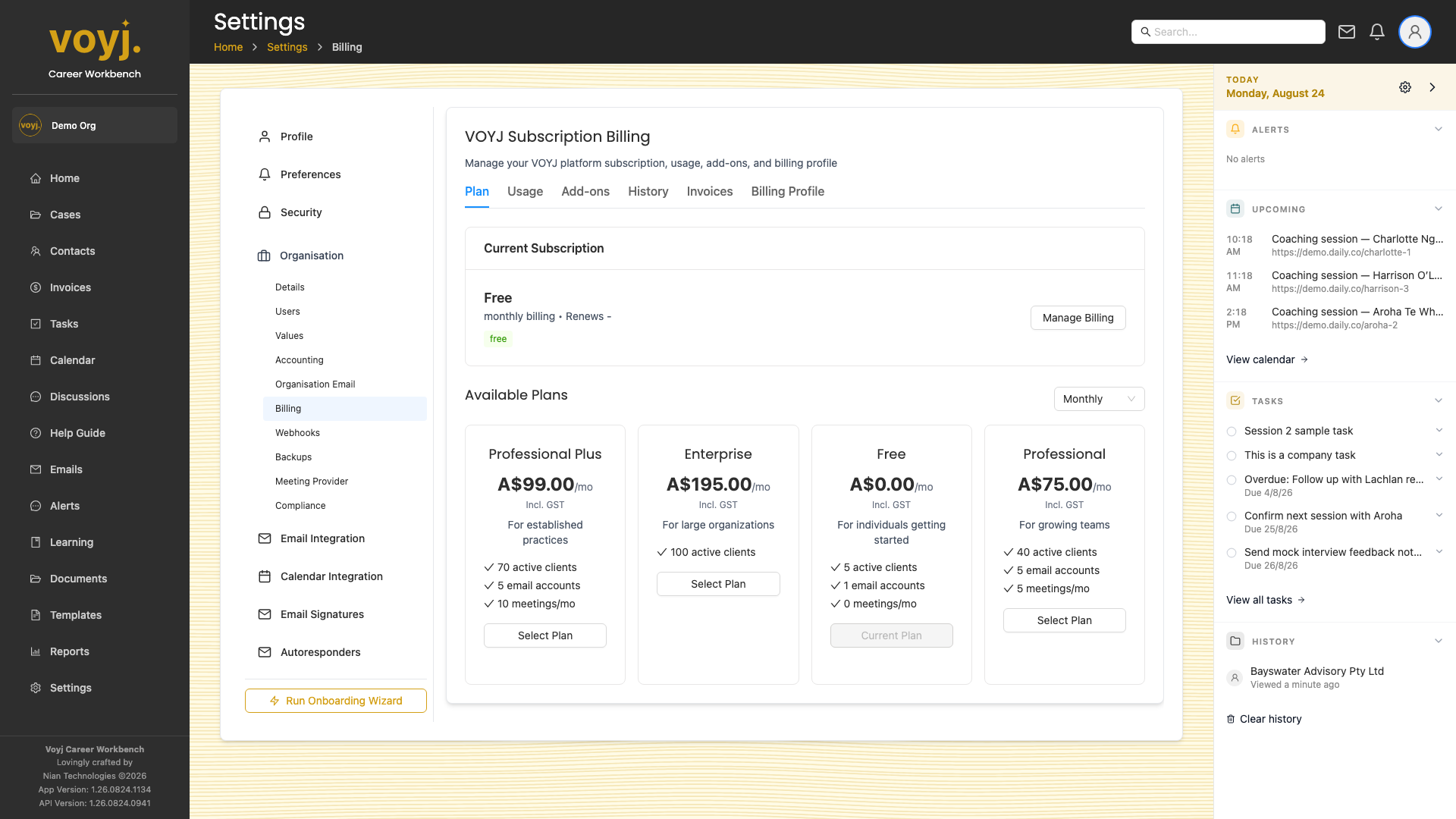 Settings Billing page showing plan, payment method and invoices from Voyj.