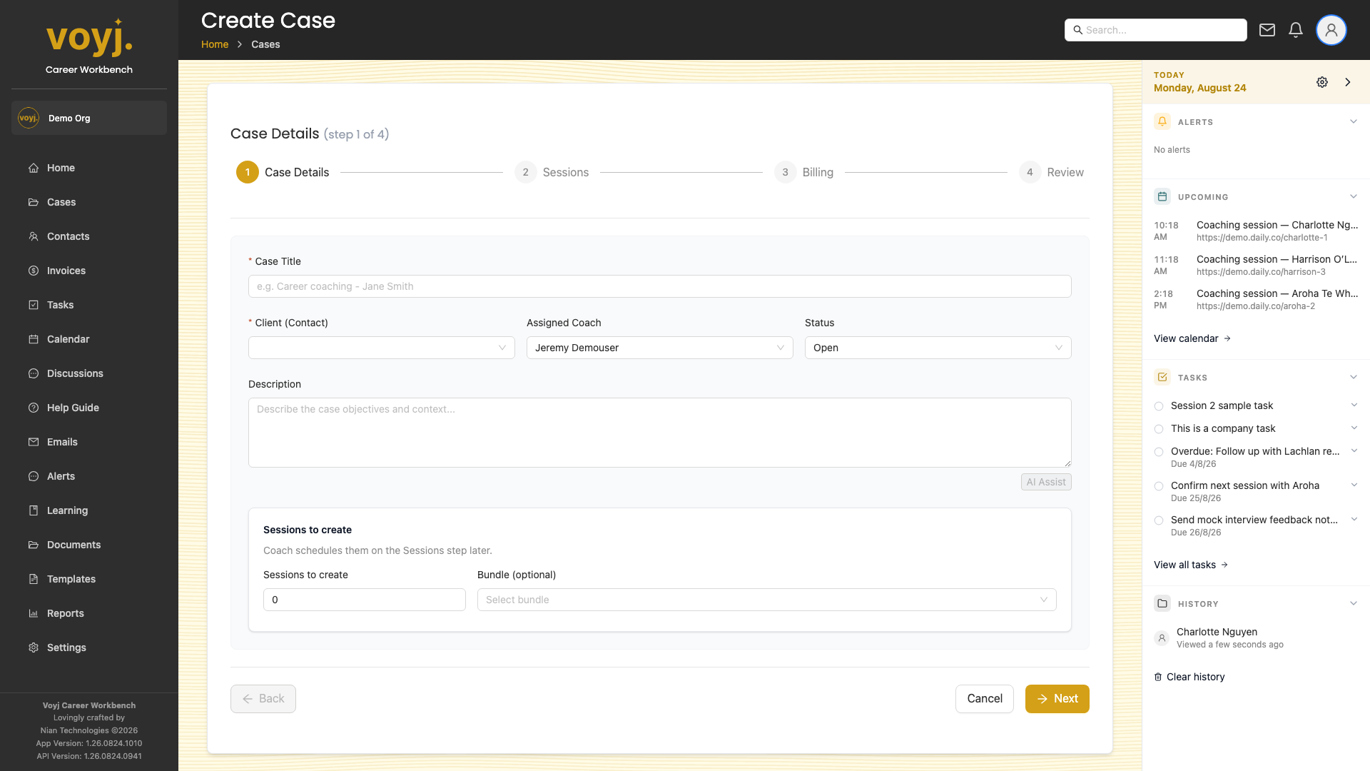 Case creation wizard with steps for details, sessions, billing and summary.