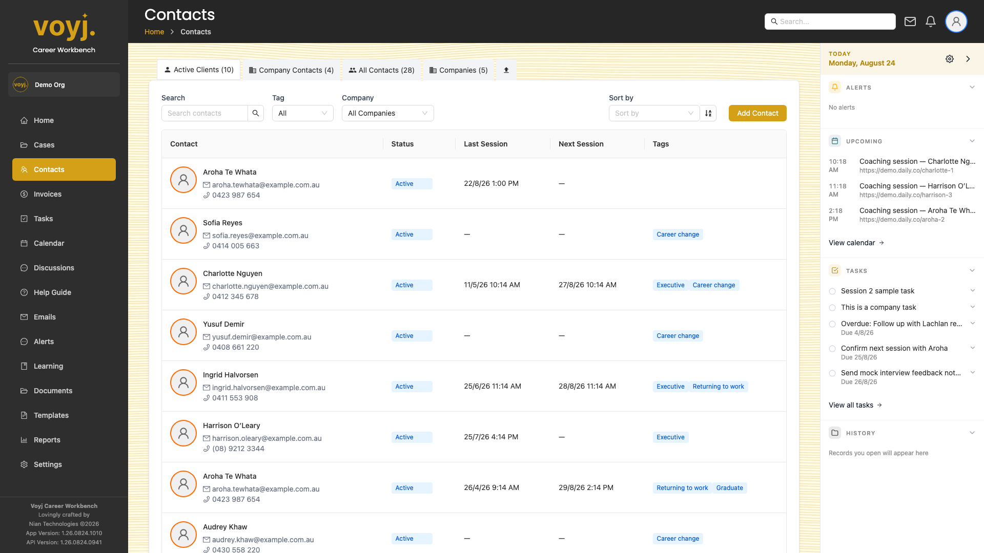 Voyj Contacts list with filter chips, search box and a table of contacts.