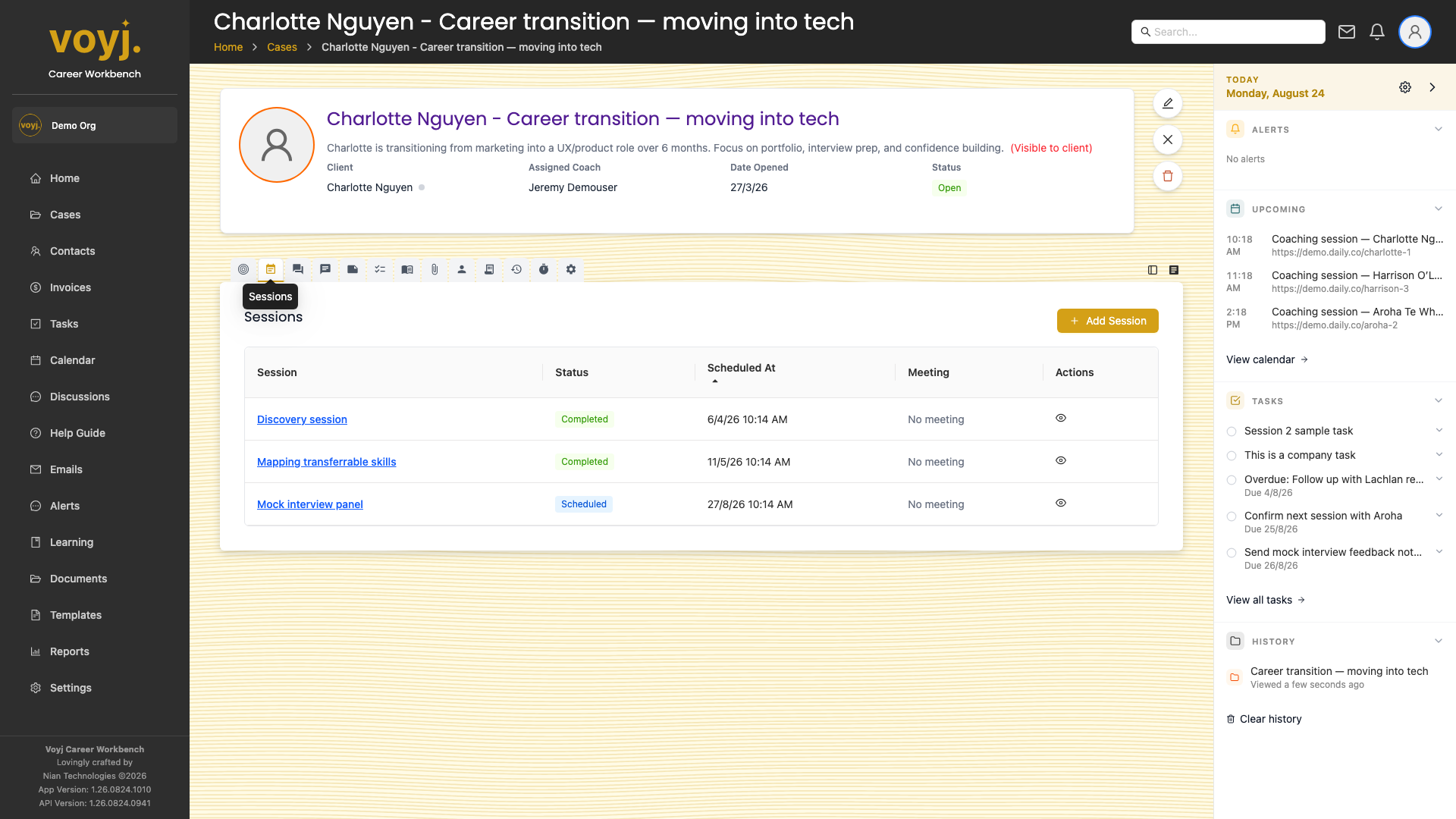 Sessions tab inside a case showing completed and upcoming coaching sessions in a table.