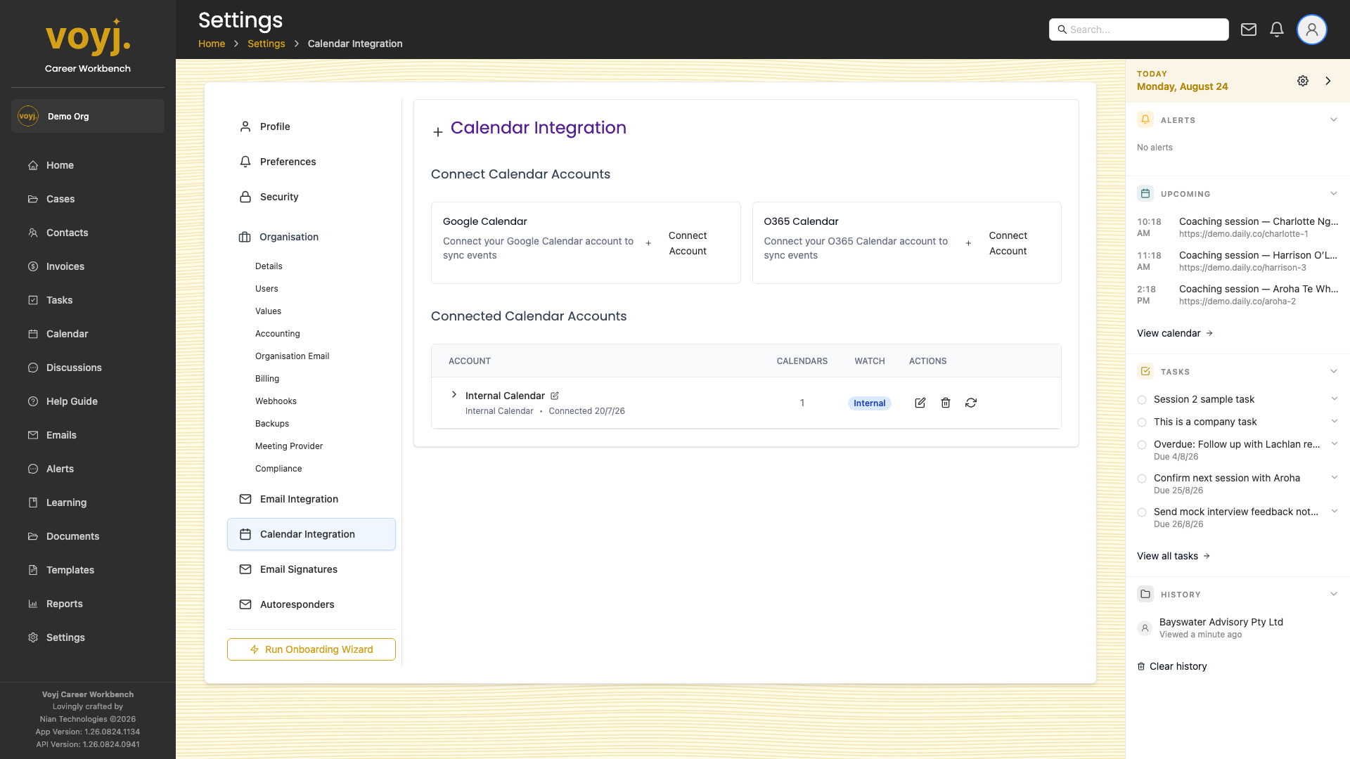 Settings Calendar Integration page with Google and Microsoft connectors.