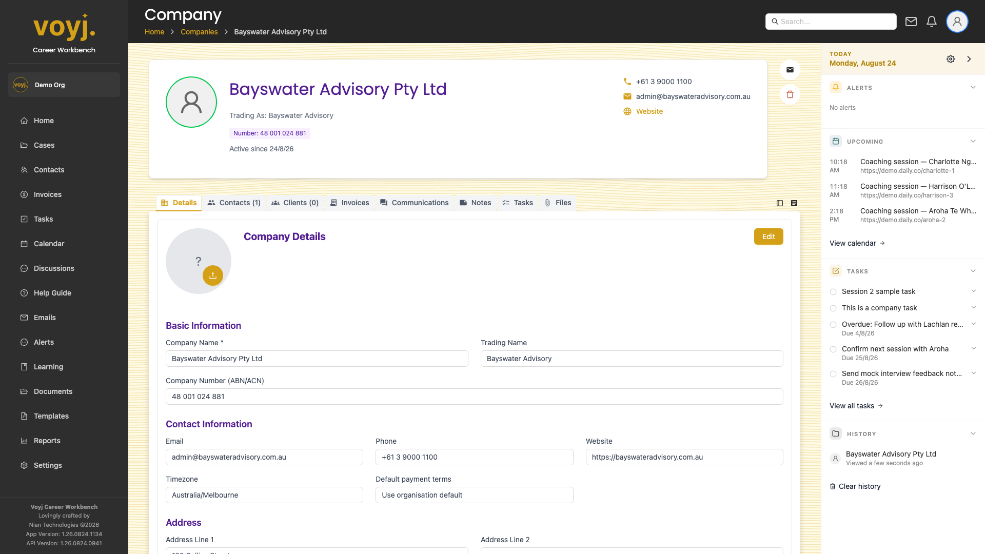 Company detail page on the Details tab showing basic information, contact details and address fields.