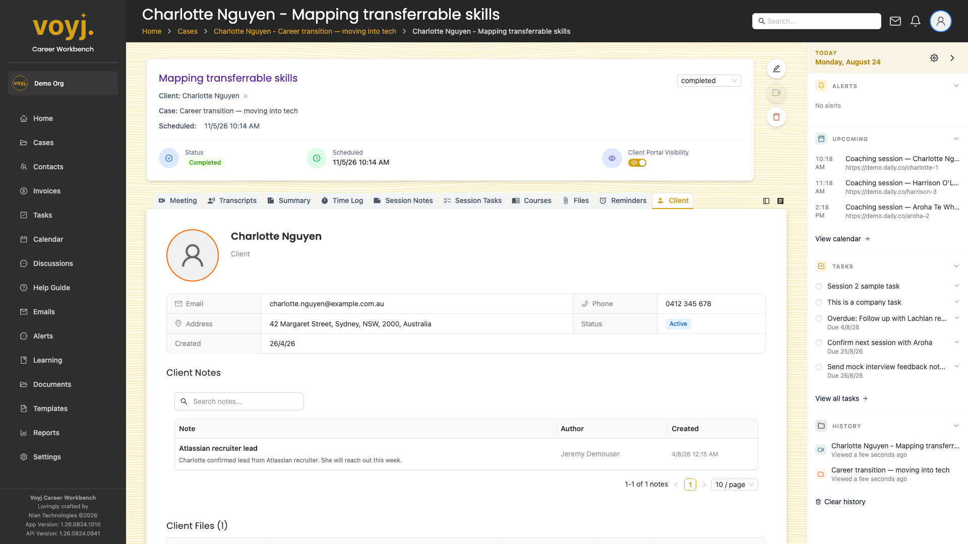Client tab on a session showing the contact record summary.
