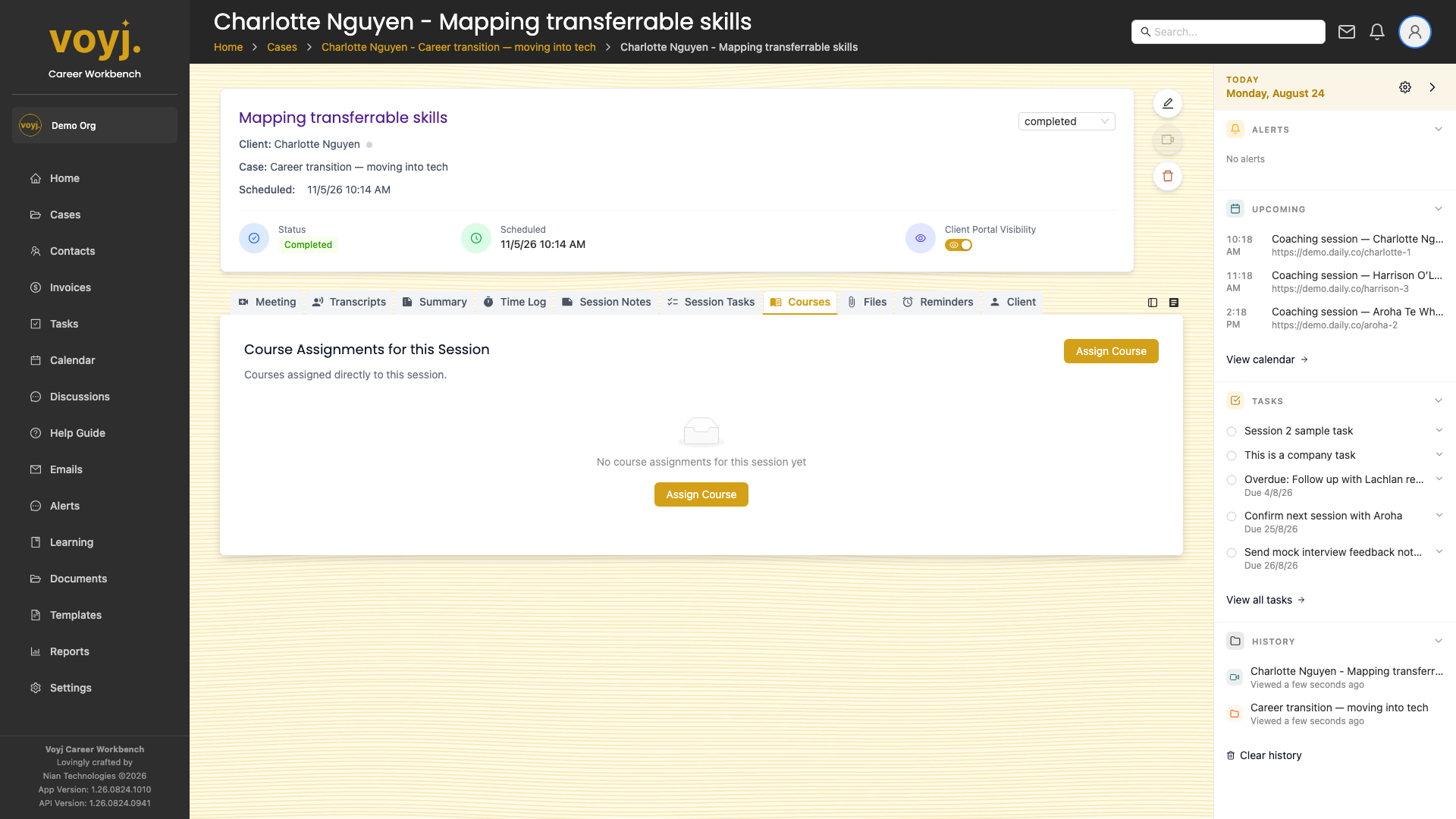 Courses tab on a session showing course launches and reviews.