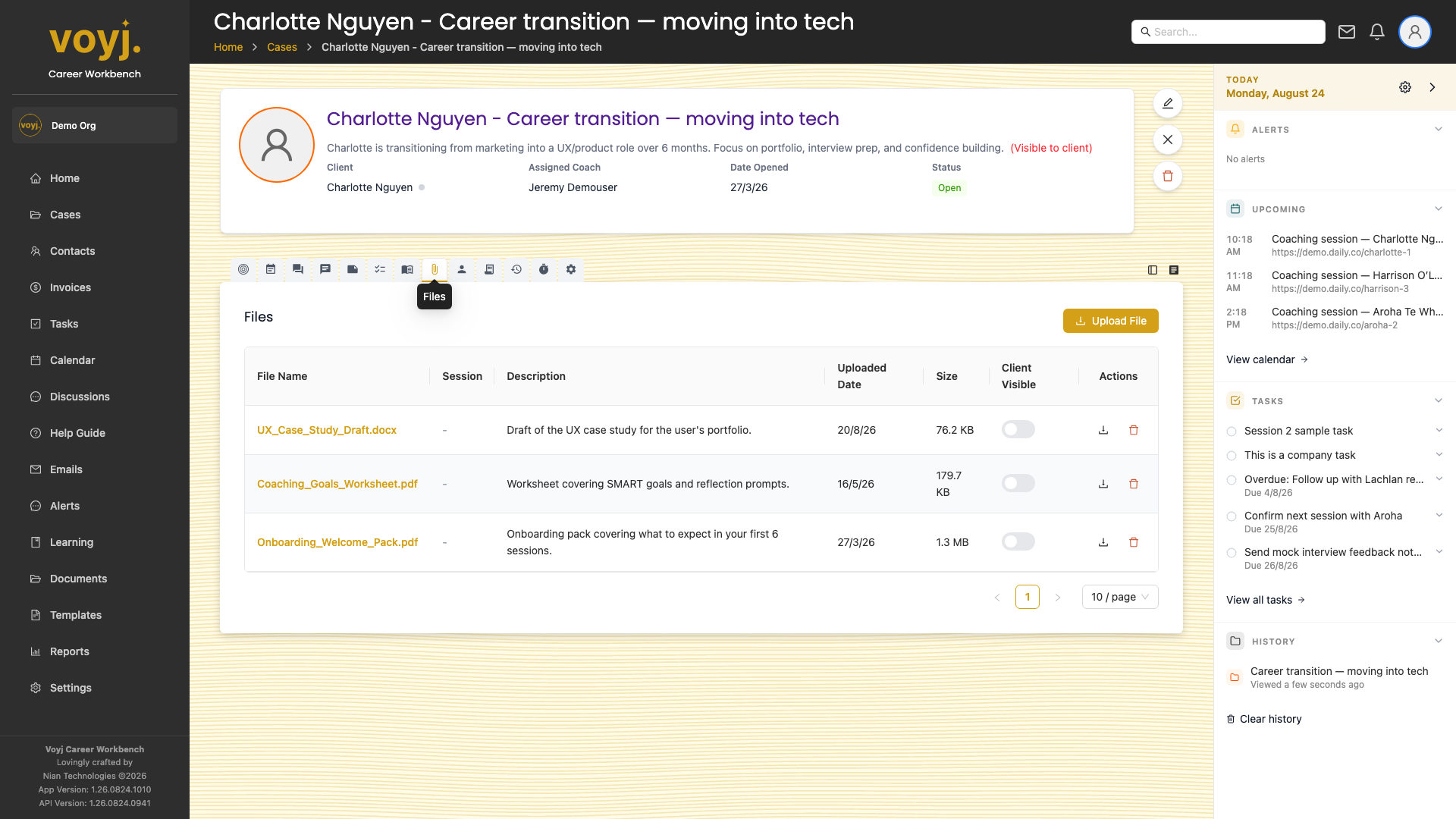 Files tab inside a case showing uploaded documents and recordings.