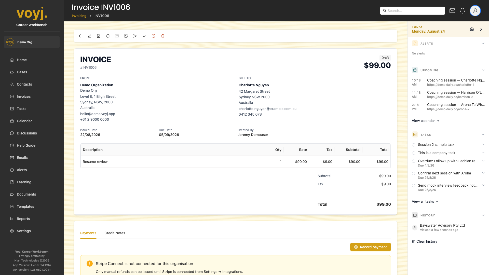 Invoice detail page Payments tab listing payments made against the invoice.