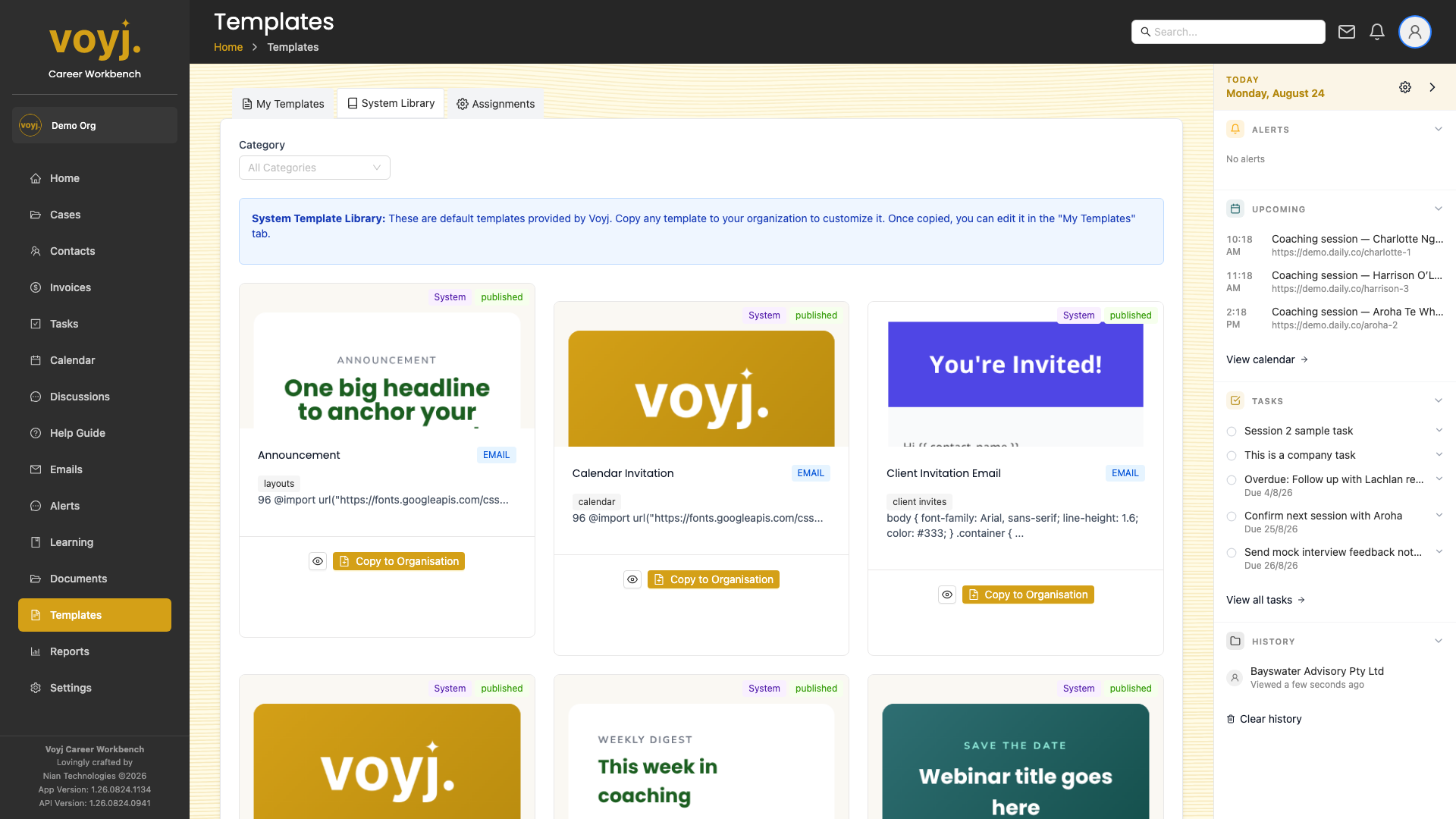 System Library tab listing ready-made templates provided by Voyj.