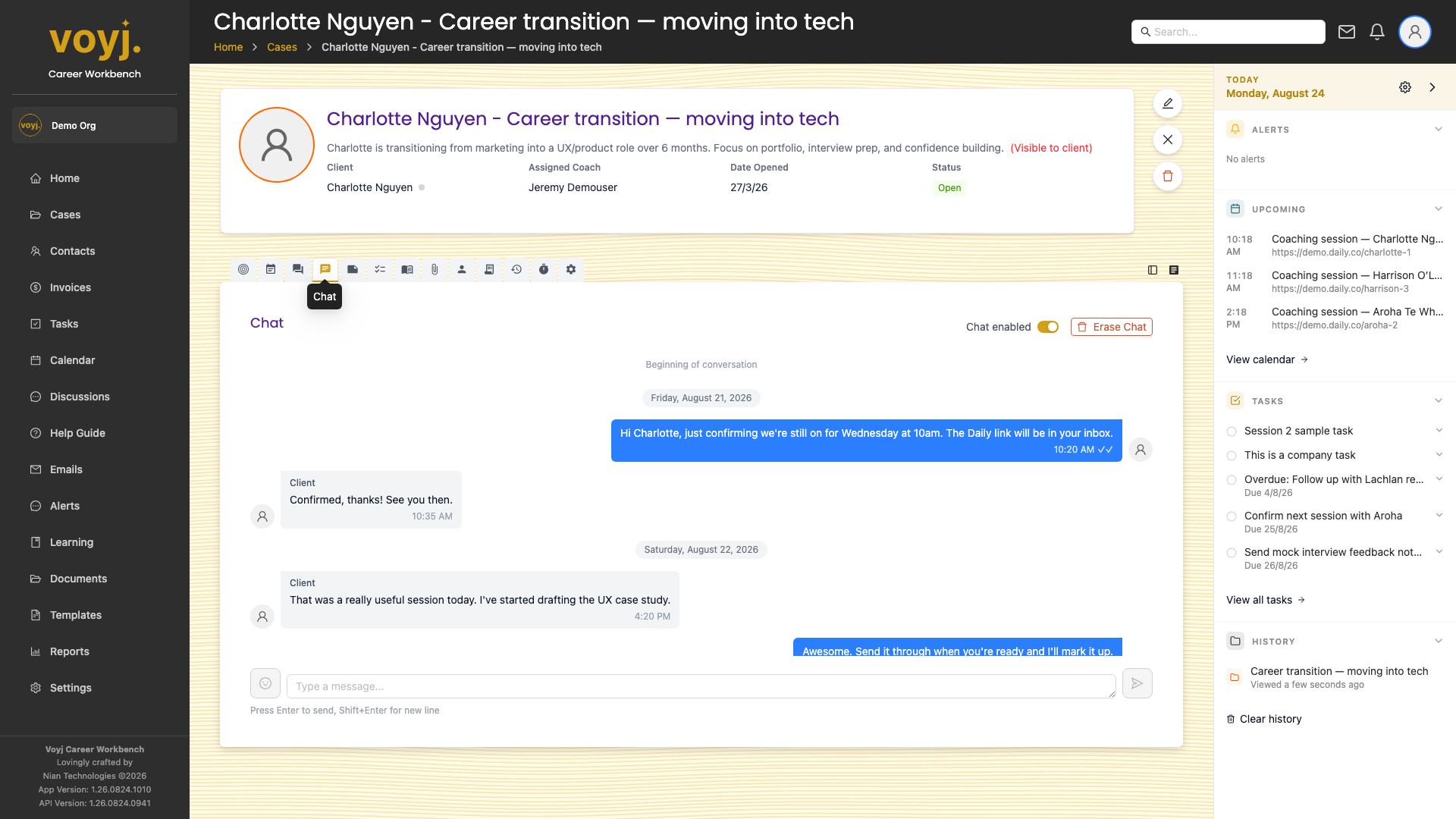 Chat tab inside a case showing the message thread between coach and client.
