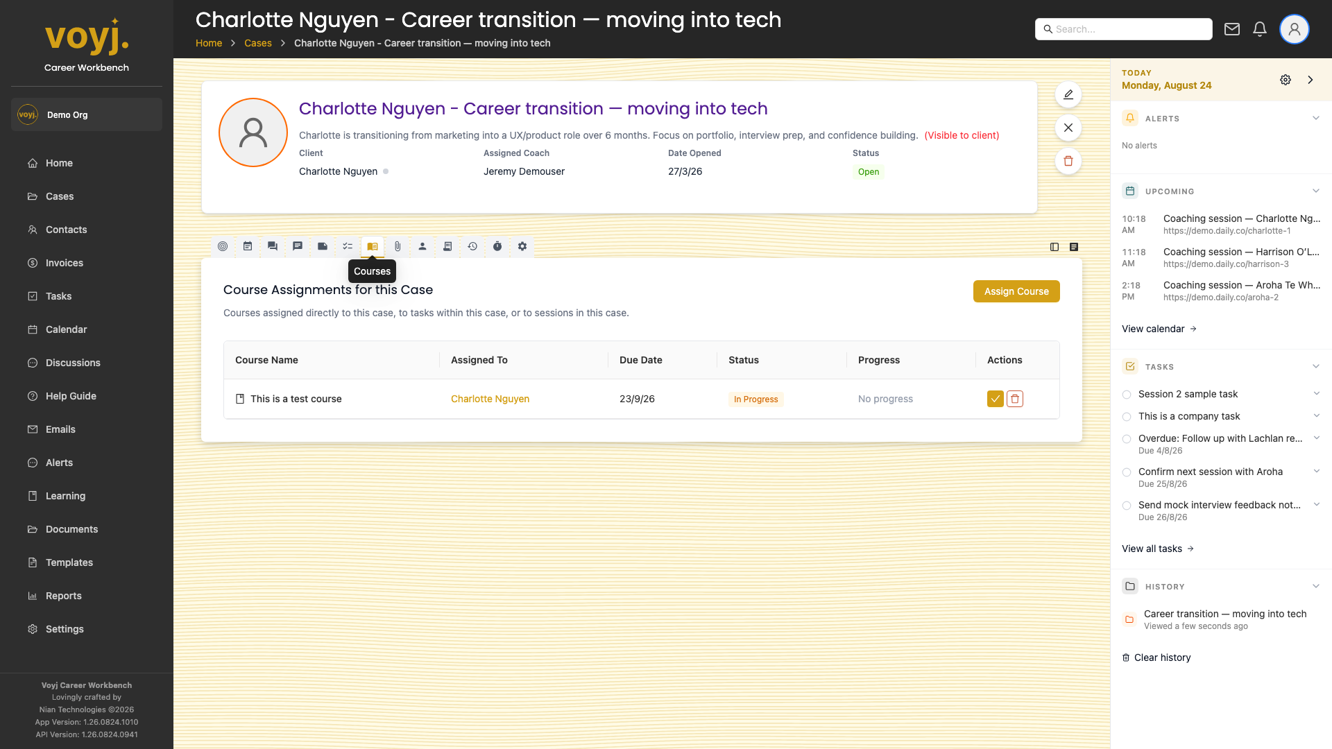 Courses tab inside a case showing assigned courses and progress bars.