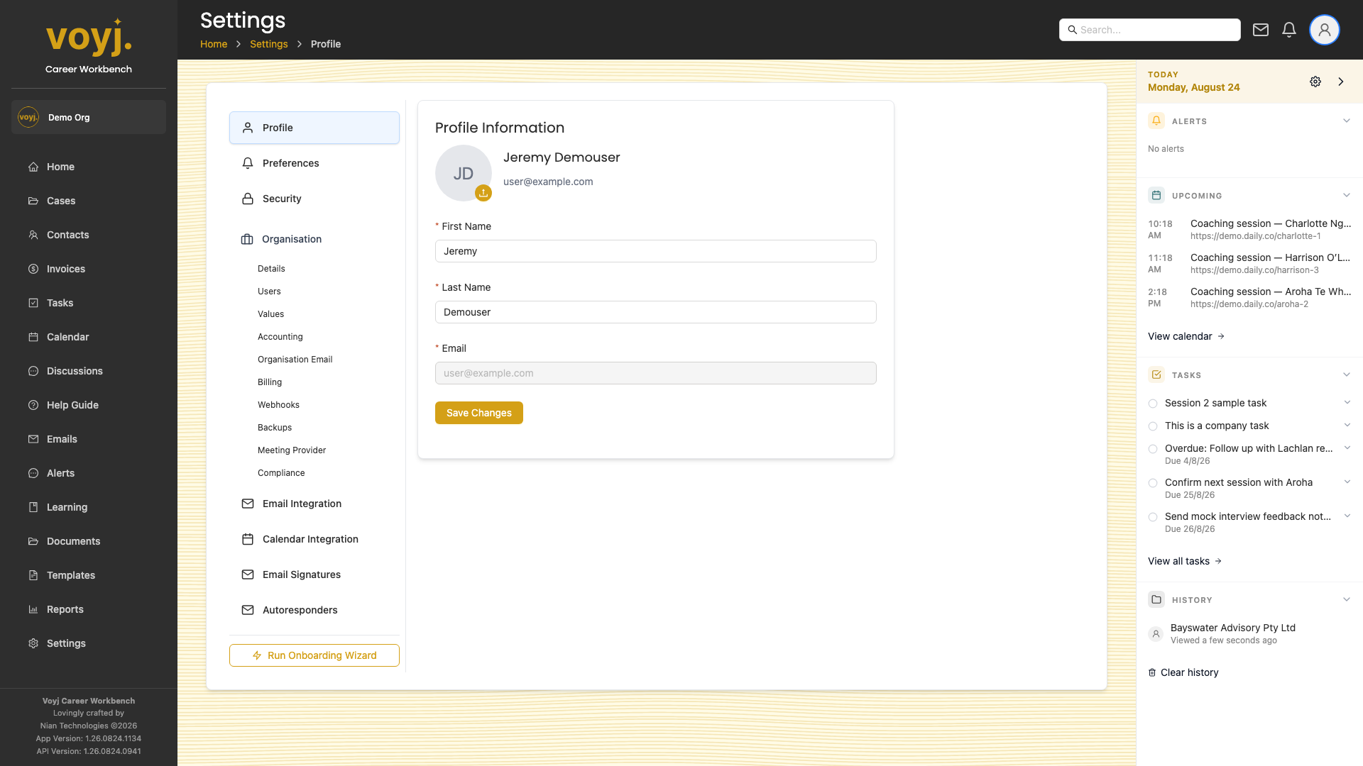Settings Profile page with name, email and avatar fields.