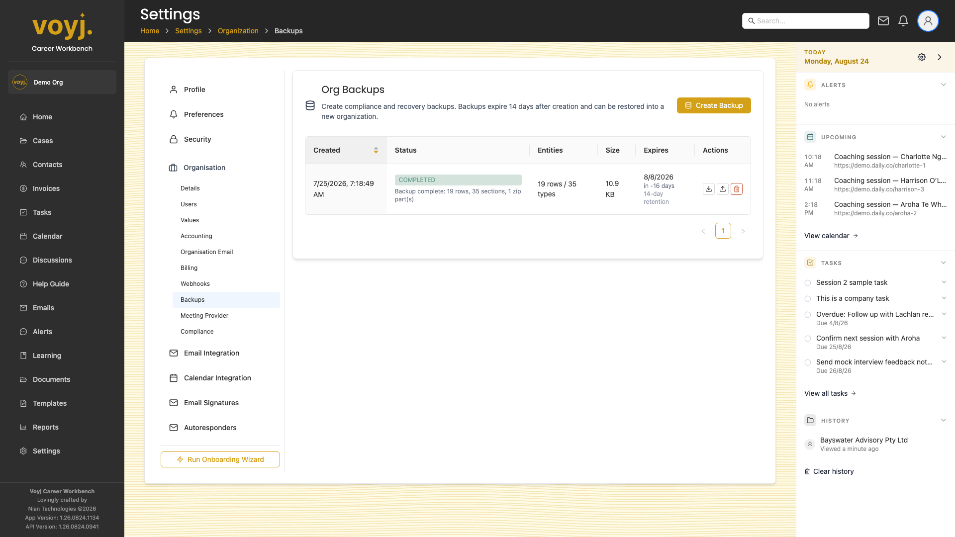 Settings Backups page with the backup schedule and destination.