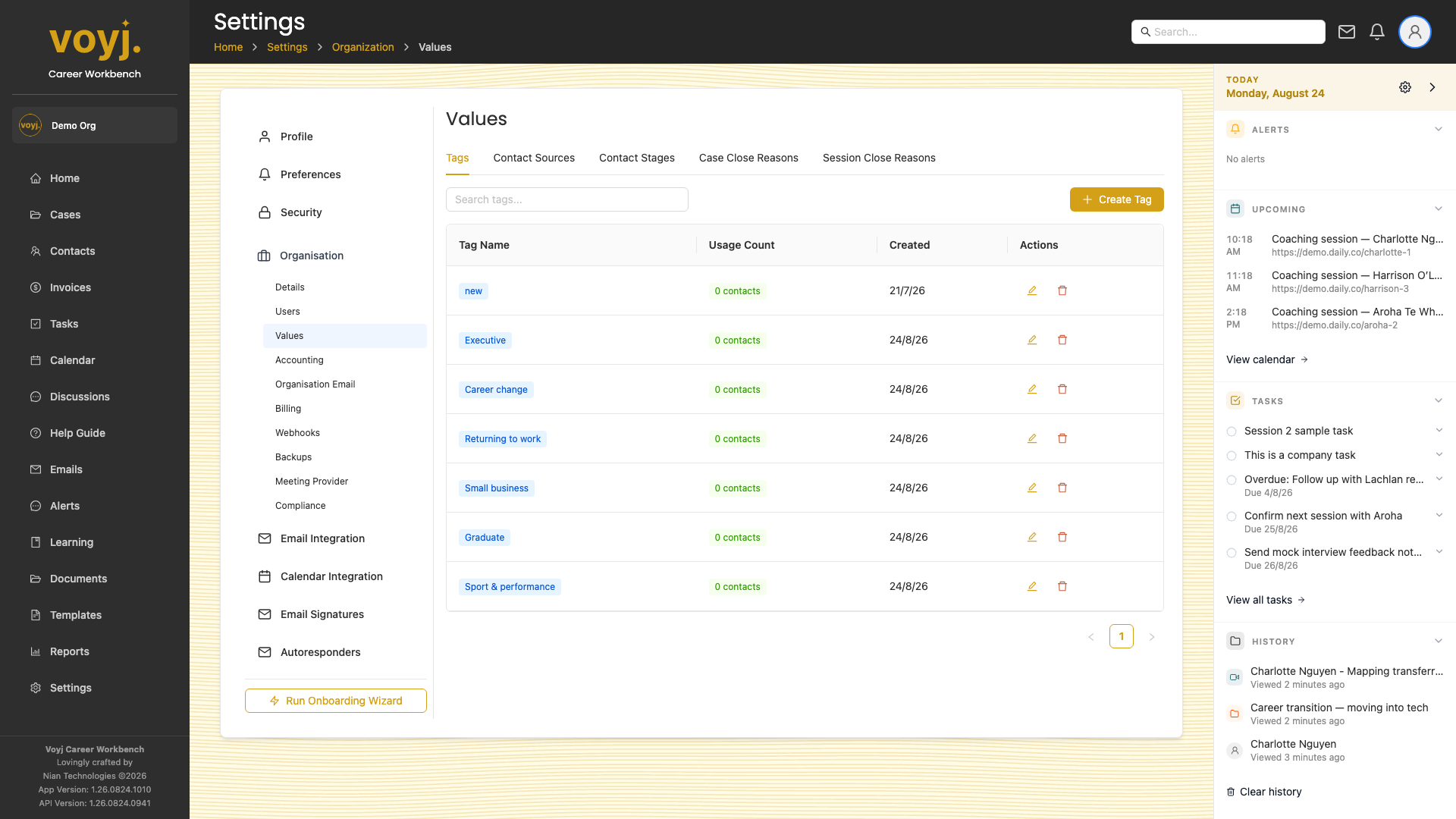 Voyj Values settings page with sub-tabs for tags, contact sources, contact stages and close reasons.