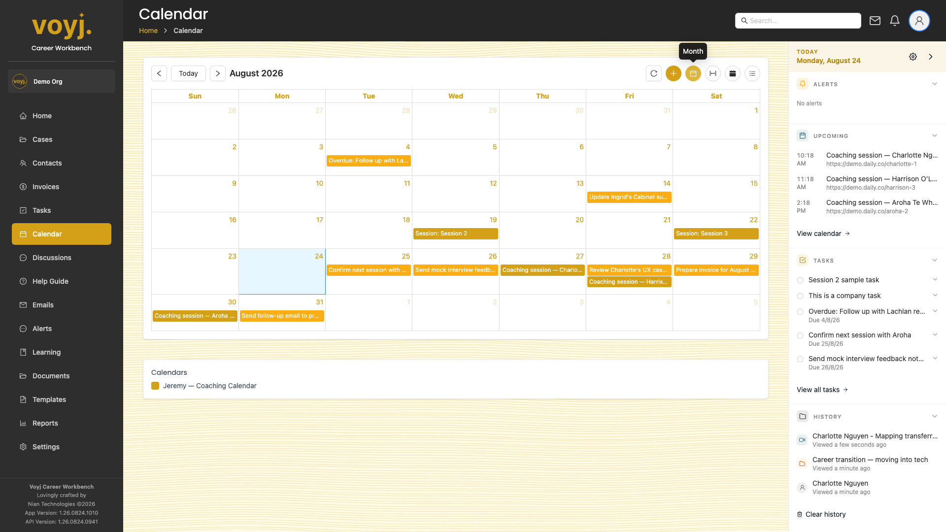 Voyj Calendar week view showing coaching sessions across multiple days.