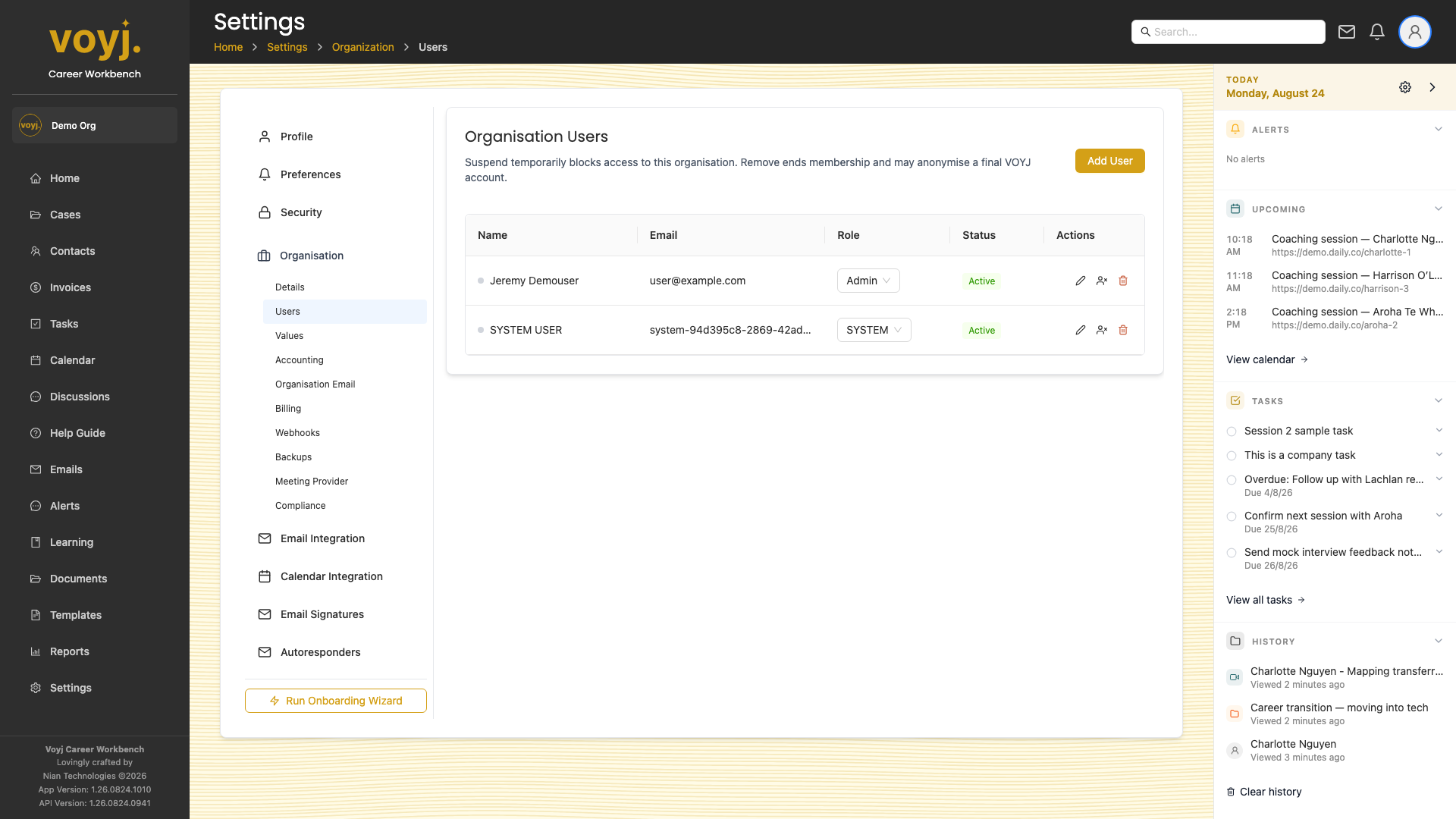 Voyj Organisation users page listing coaches with role chips and status indicators.