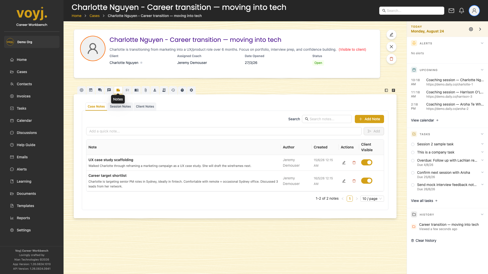 Notes tab inside a case showing journal entries with client visibility toggles.