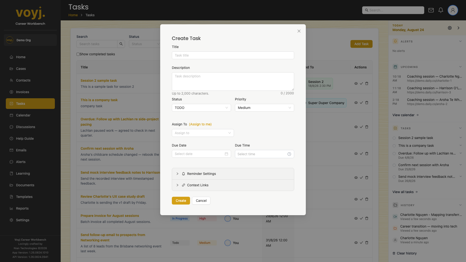 Add task modal with title, description, due date, priority and assignee fields.