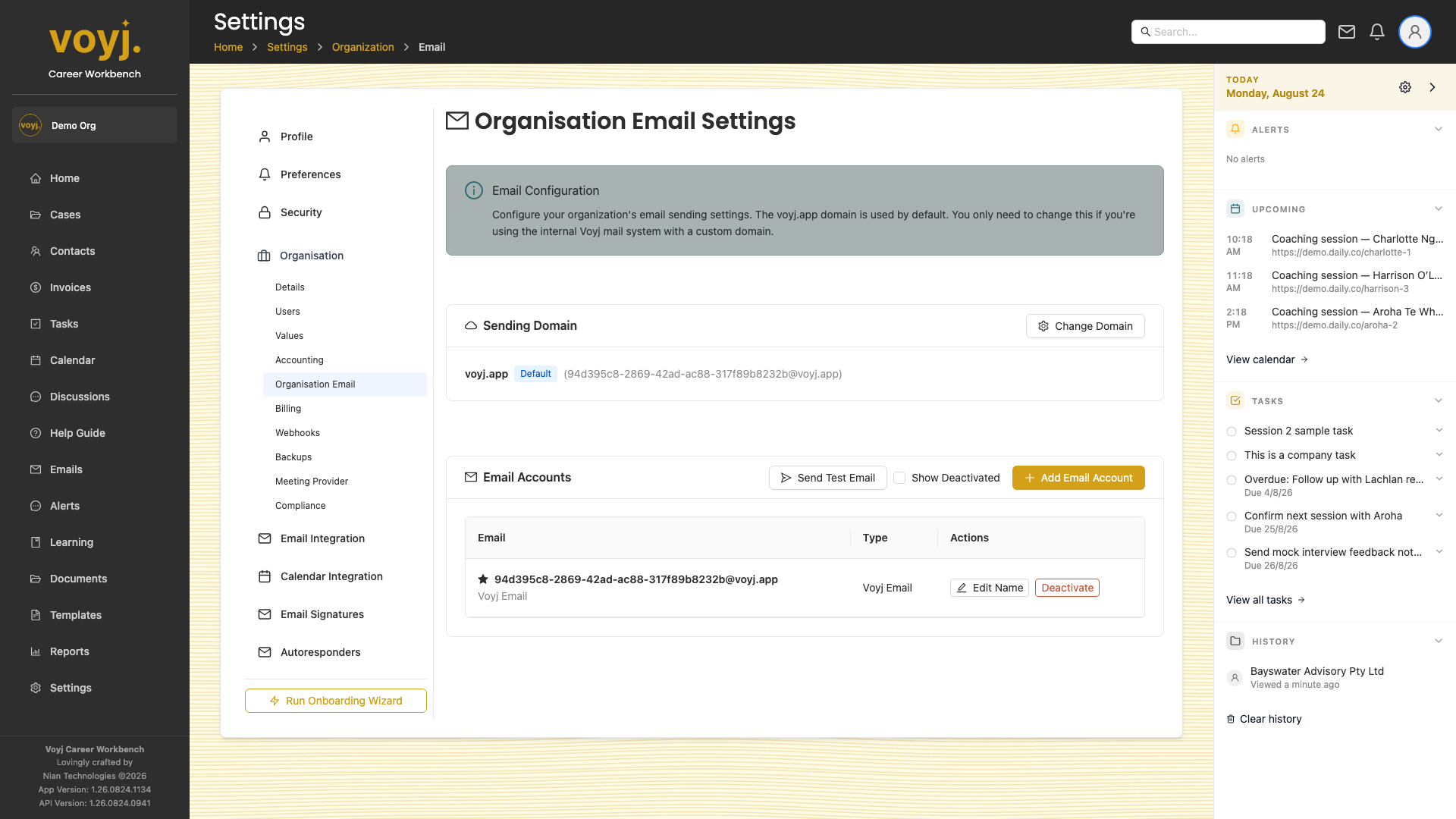 Settings Organisation Email page with sending domain and DNS records.